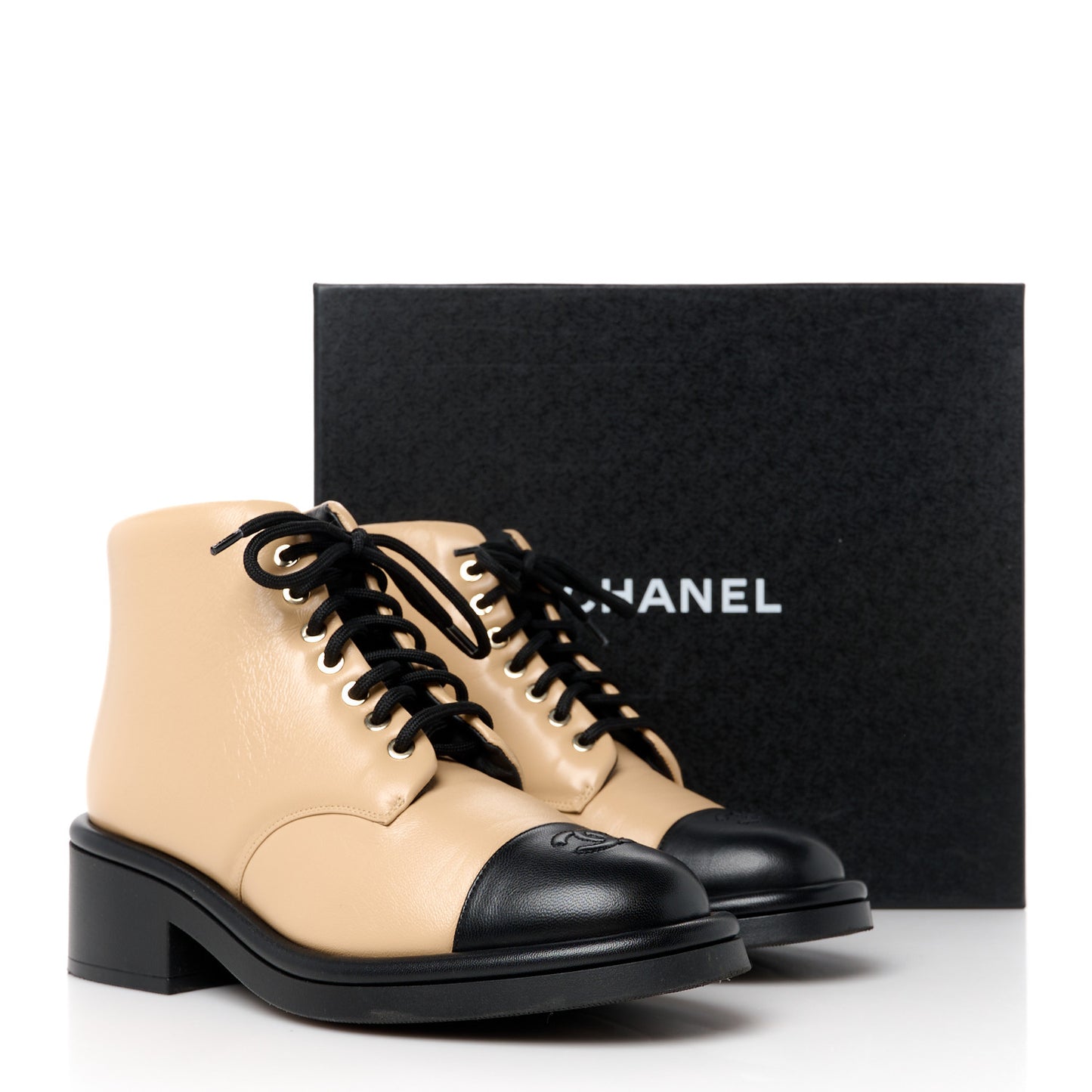 Lambskin Lace Up Combat Boots 38.5 Beige Black