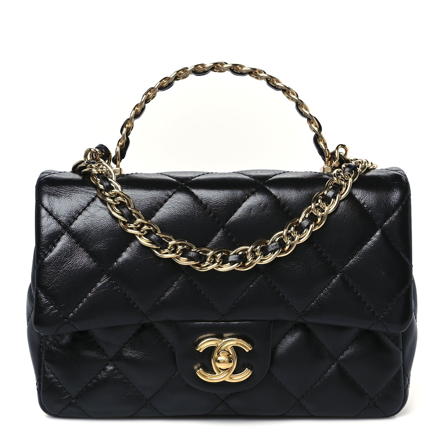 Shiny Lambskin Quilted Golden Links Top Handle Flap Black