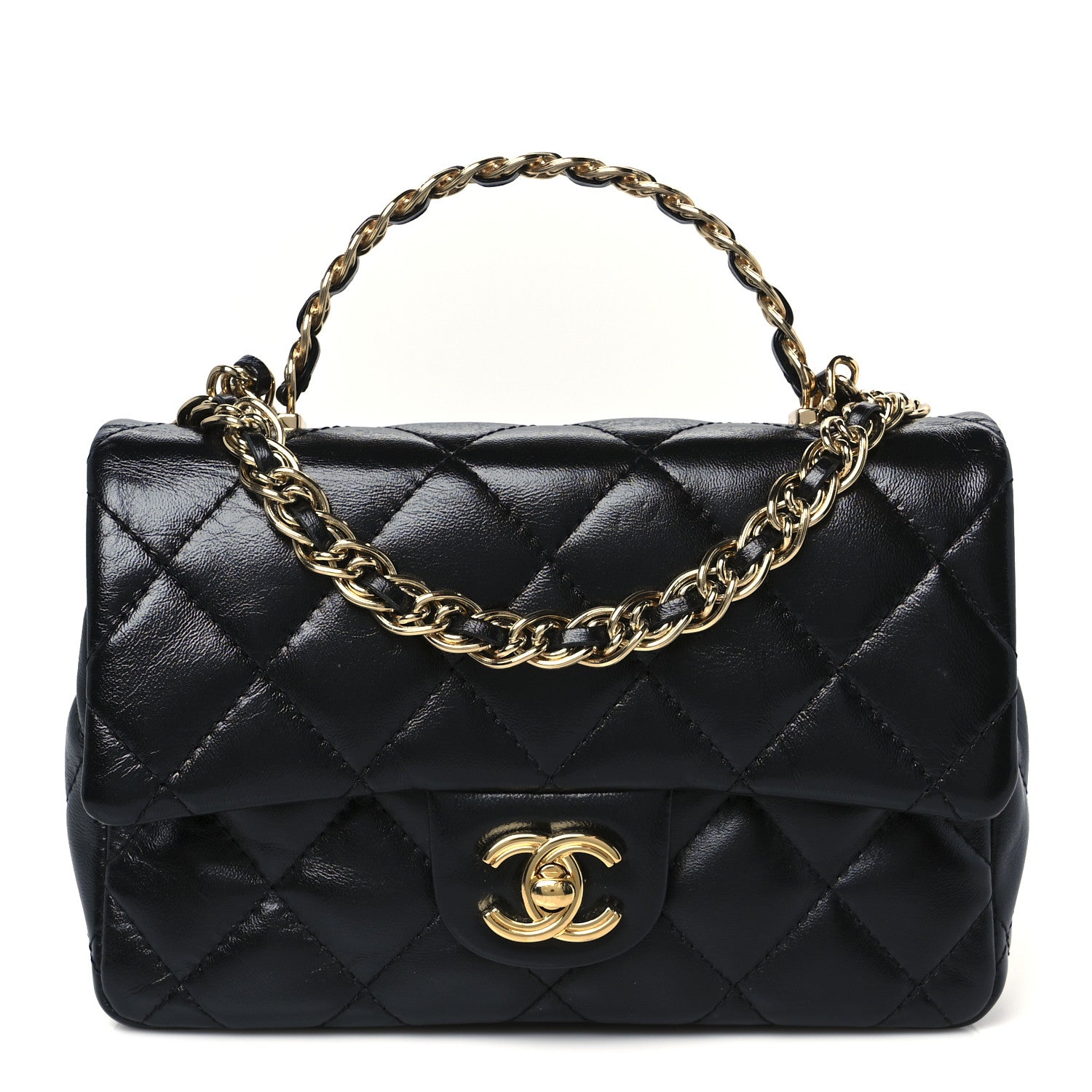 Chanel Shiny Lambskin Quilted Golden Links Top Handle Flap Black 1 of 11