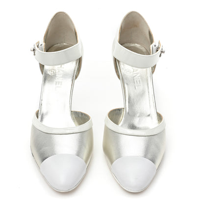 Chanel Laminated Lambskin Patent Cap Toe CC Turn-Lock Pumps 40 Silver White 2 of 13