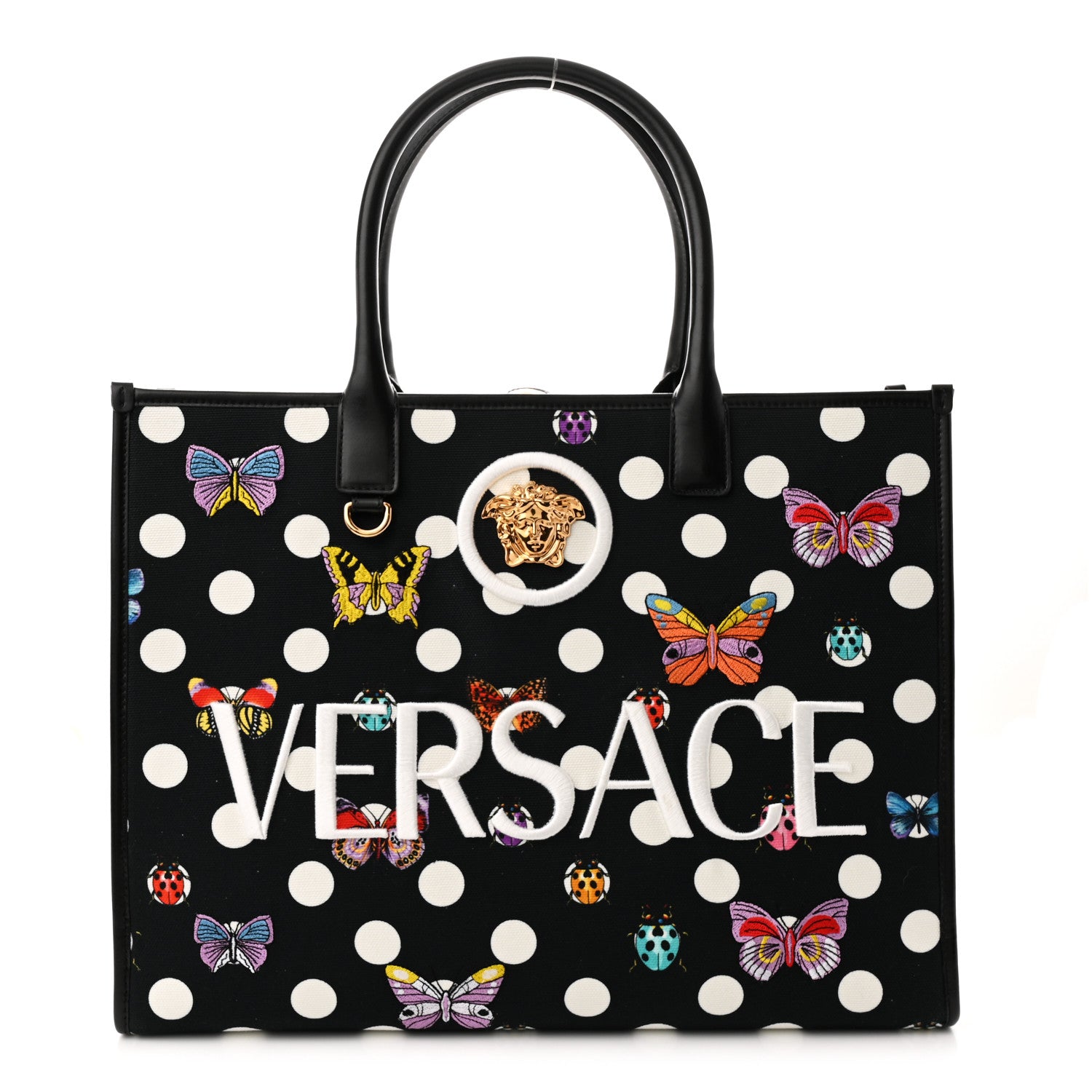 Versace X Dua Lipa Canvas Calfskin Butterfly La Medusa Large Tote Black Multicolor 1 of 9