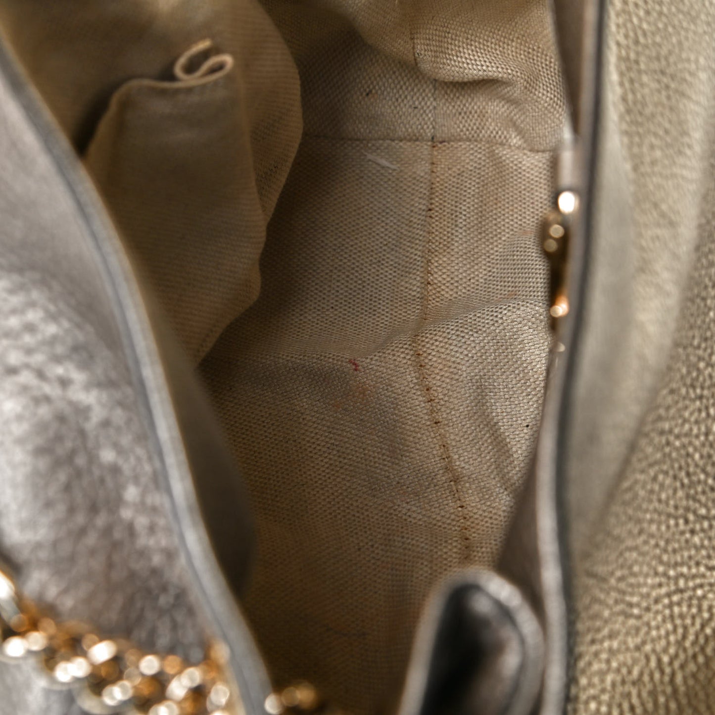 Metallic Pebbled Calfskin Medium Soho Chain Shoulder Bag Golden Beige