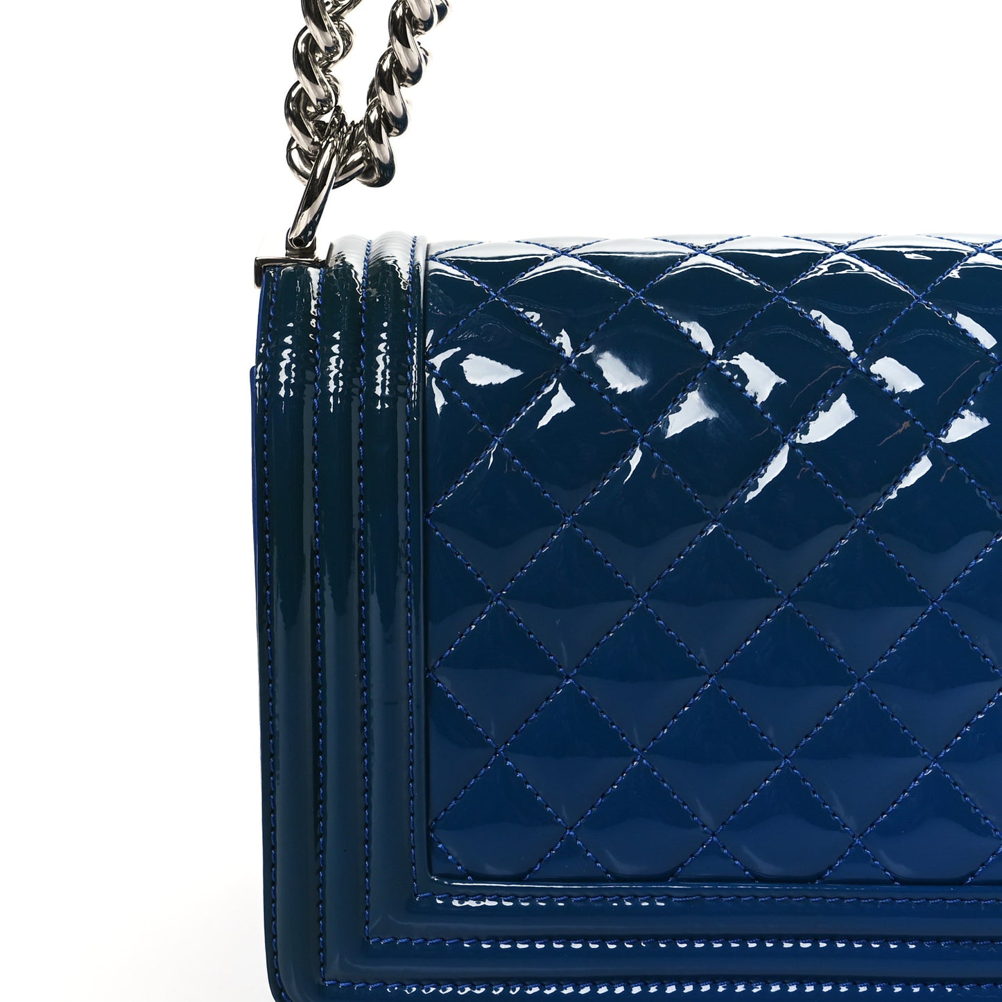 Patent Calfskin Quilted Medium Plexiglass Boy Flap Blue