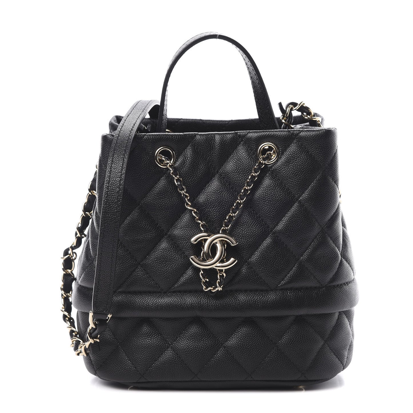 Caviar Quilted Rolled Up Bucket Drawstring Bag Black