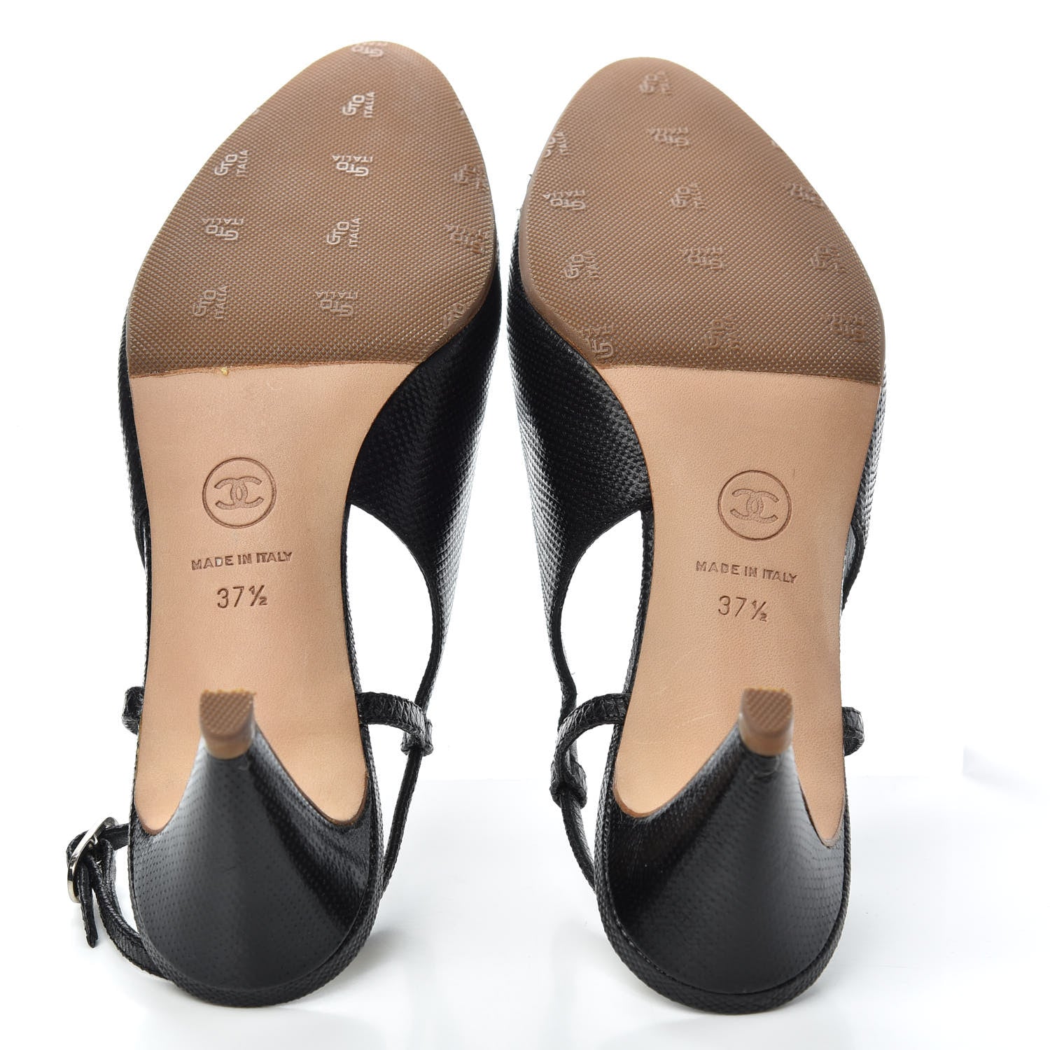 Chanel Calfskin Embossed Cap Toe CC Slingback Pumps 37.5 Black 6 of 11