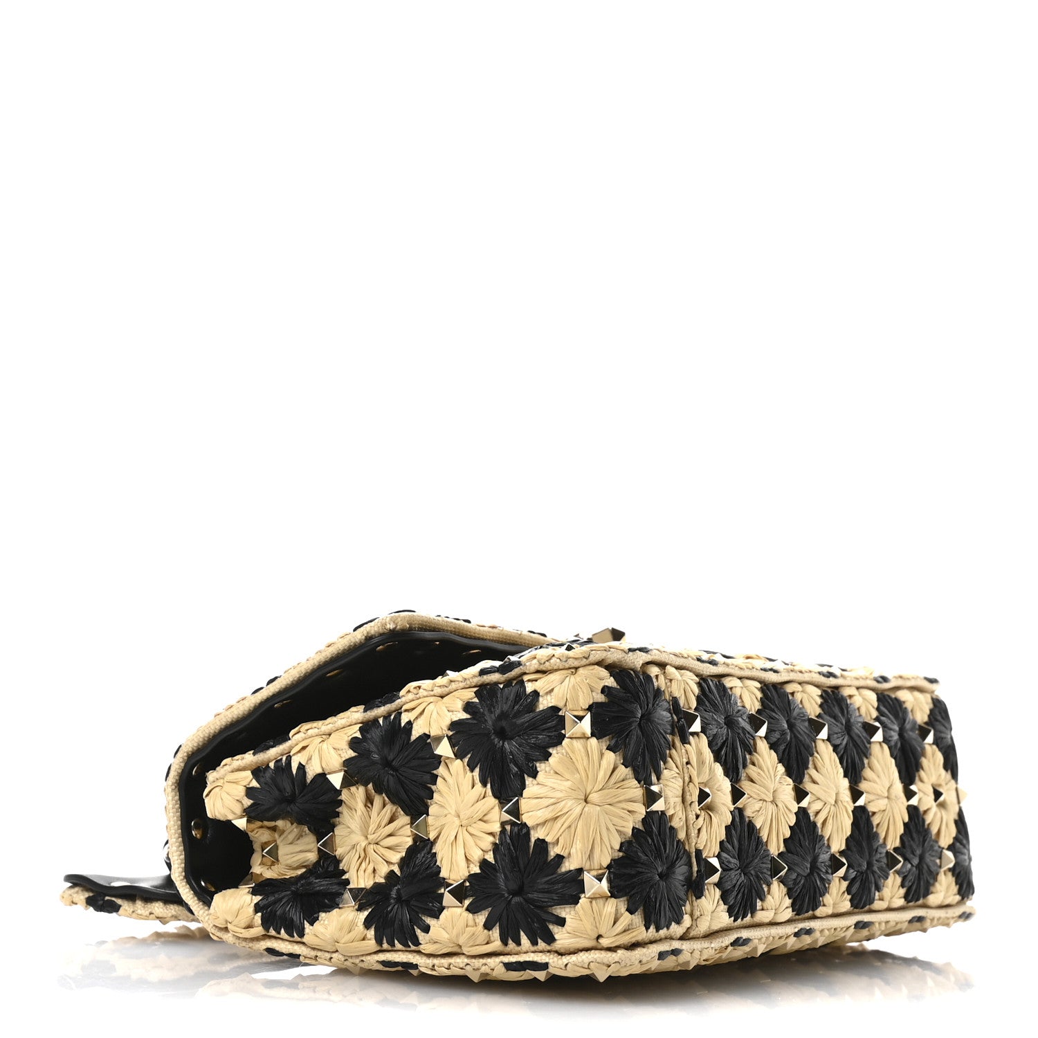 Valentino Garavani Raffia Embroidered Checkered Small Rockstud Spike Shoulder Bag Natural Black 4 of 9