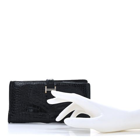 Shiny Alligator Bearn Gusset Wallet Black