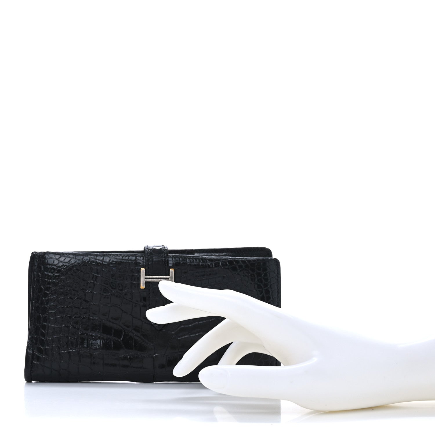 Hermes Shiny Alligator Bearn Gusset Wallet Black 2 of 11