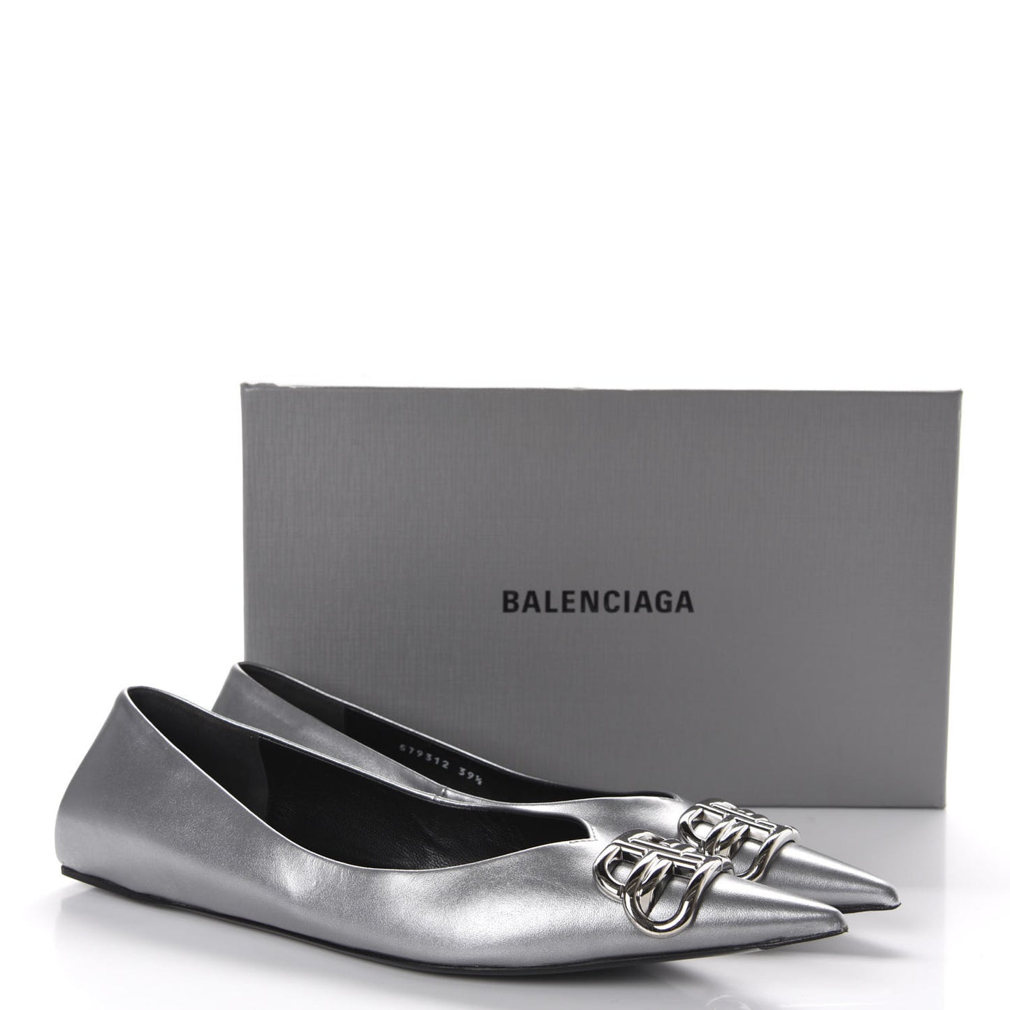 Metallic Calfskin BB Knife Pointy Toe Ballerina Flats 39.5 Silver Hardware