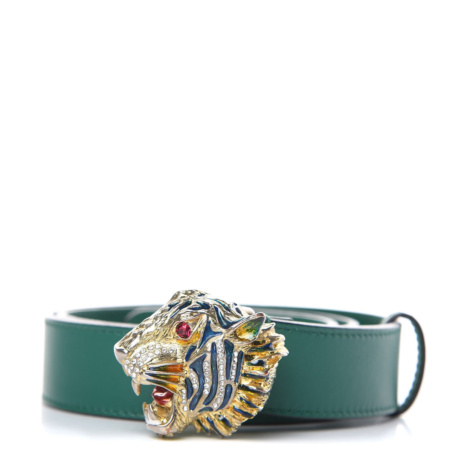Gucci Calfskin Crystal Metal Tiger Head Buckle 30mm Belt 75 30 Emerald Multicolor 1 of 8