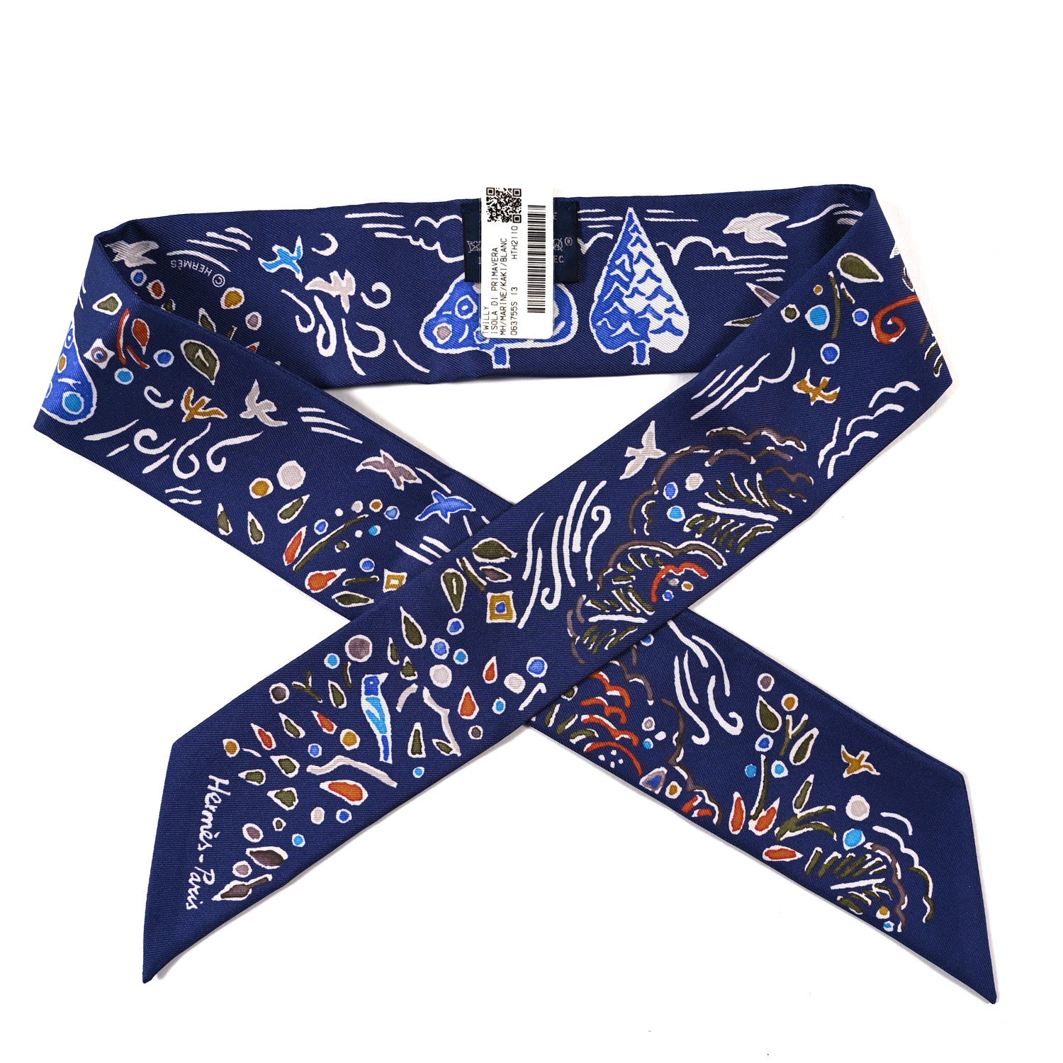 Hermes Silk Isola Di Primavera Twilly Marine Kaki White 1 of 3