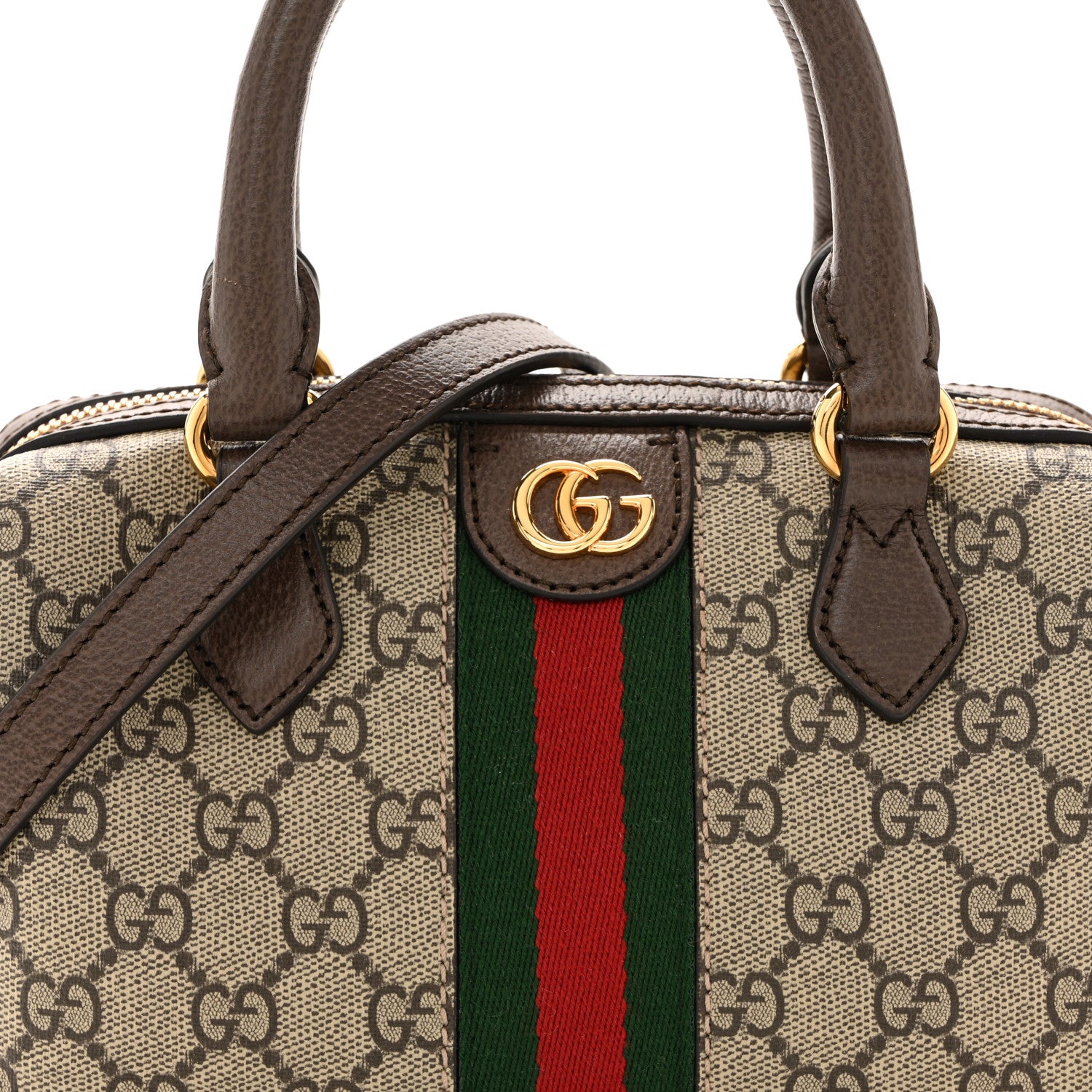 Gucci GG Supreme Monogram Textured Dollar Calfskin Web Mini Ophidia Top Handle Bag Beige Ebony New Acero 8 of 12
