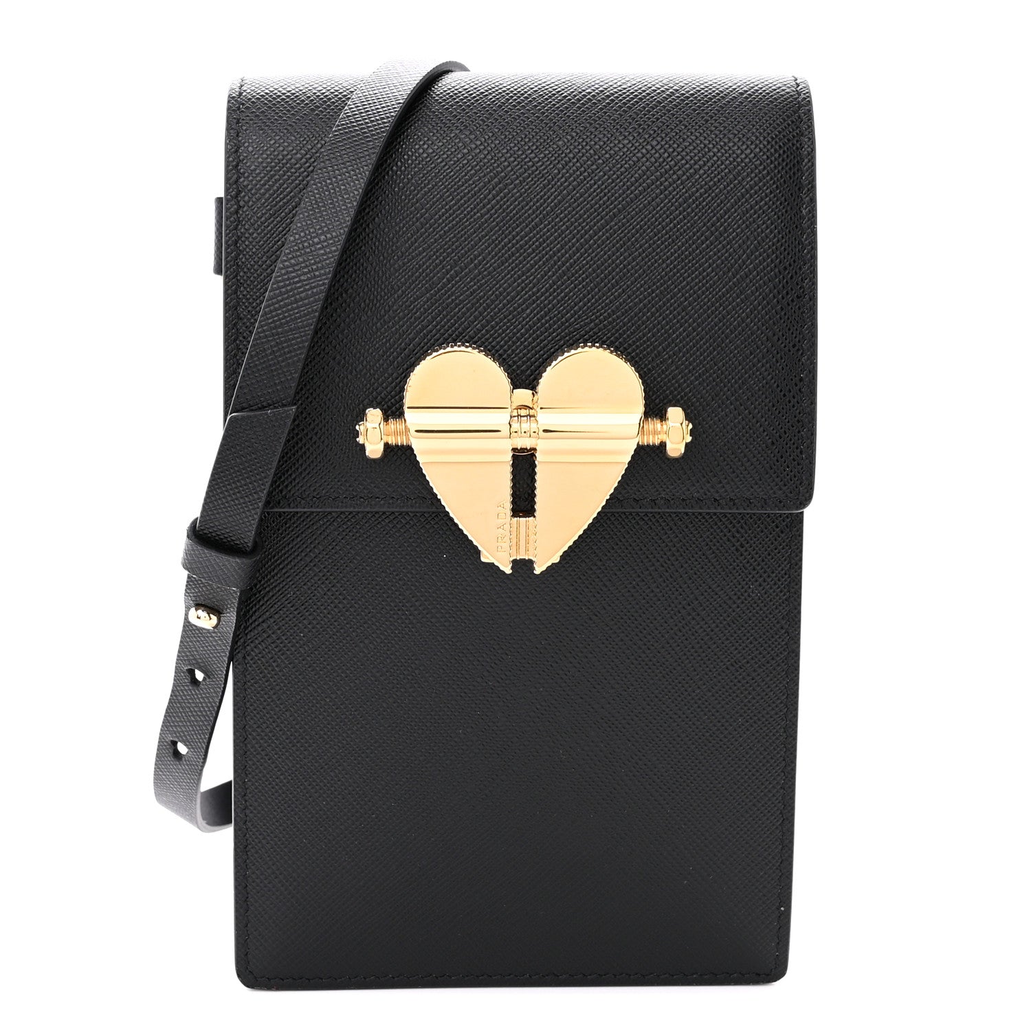 Prada Saffiano Heart Lock Phone Crossbody Pouch Black 1 of 11