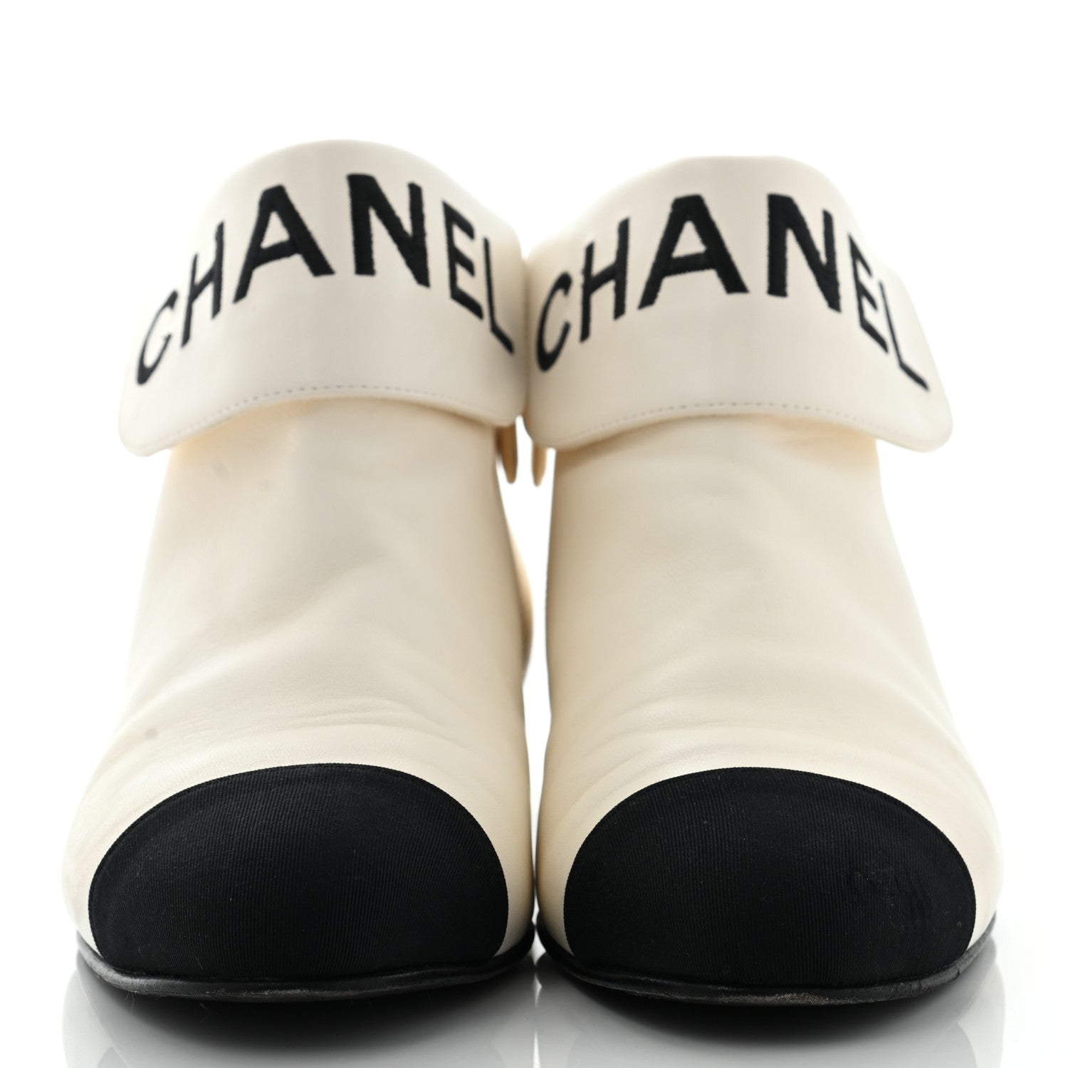 Chanel Lambskin Grosgrain Fold Over Logo Cap Toe Boots 38 Ivory Black 2 of 12