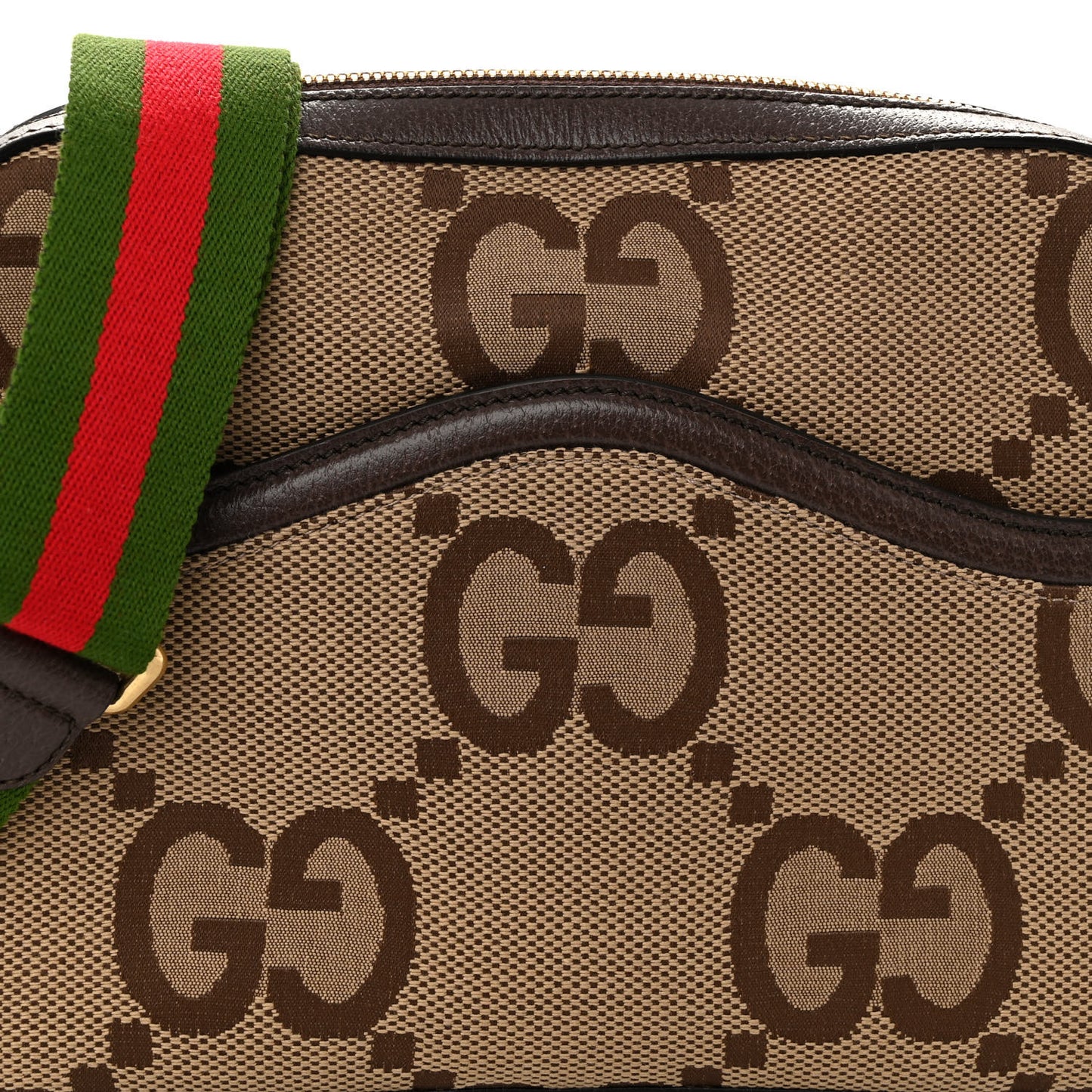 Monogram Jumbo GG Textured Dollar Calfskin Web Messenger Shoulder Bag Camel Ebony New Acero