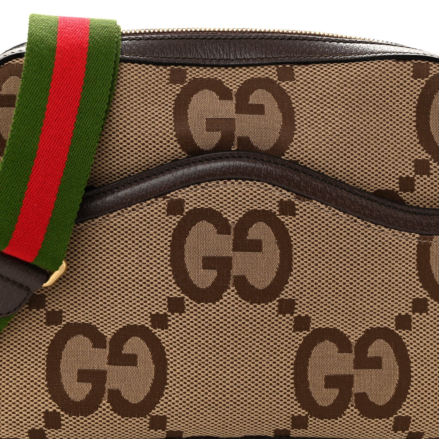 Gucci Monogram Jumbo GG Textured Dollar Calfskin Web Messenger Shoulder Bag Camel Ebony New Acero 7 of 9