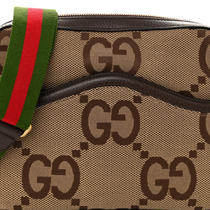 Gucci Monogram Jumbo GG Textured Dollar Calfskin Web Messenger Shoulder Bag Camel Ebony New Acero 7 of 9