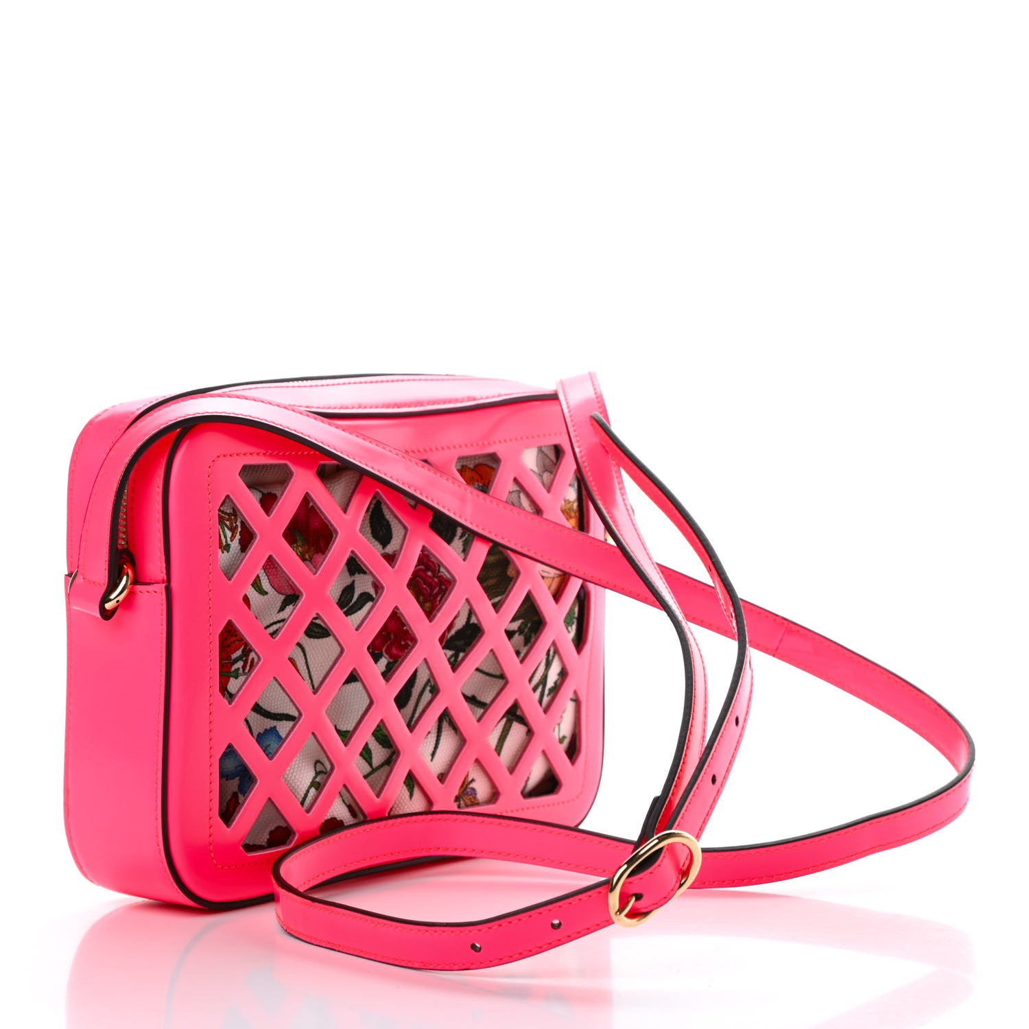 Gucci Canvas Calfskin Flora Infinity Cutout Shoulder Bag Fuchsia 5 of 14