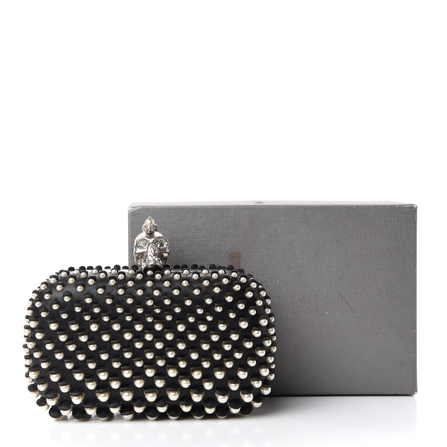 Alexander McQueen Pearl Embellished Calfskin Skull Box Clutch Black 8 of 8
