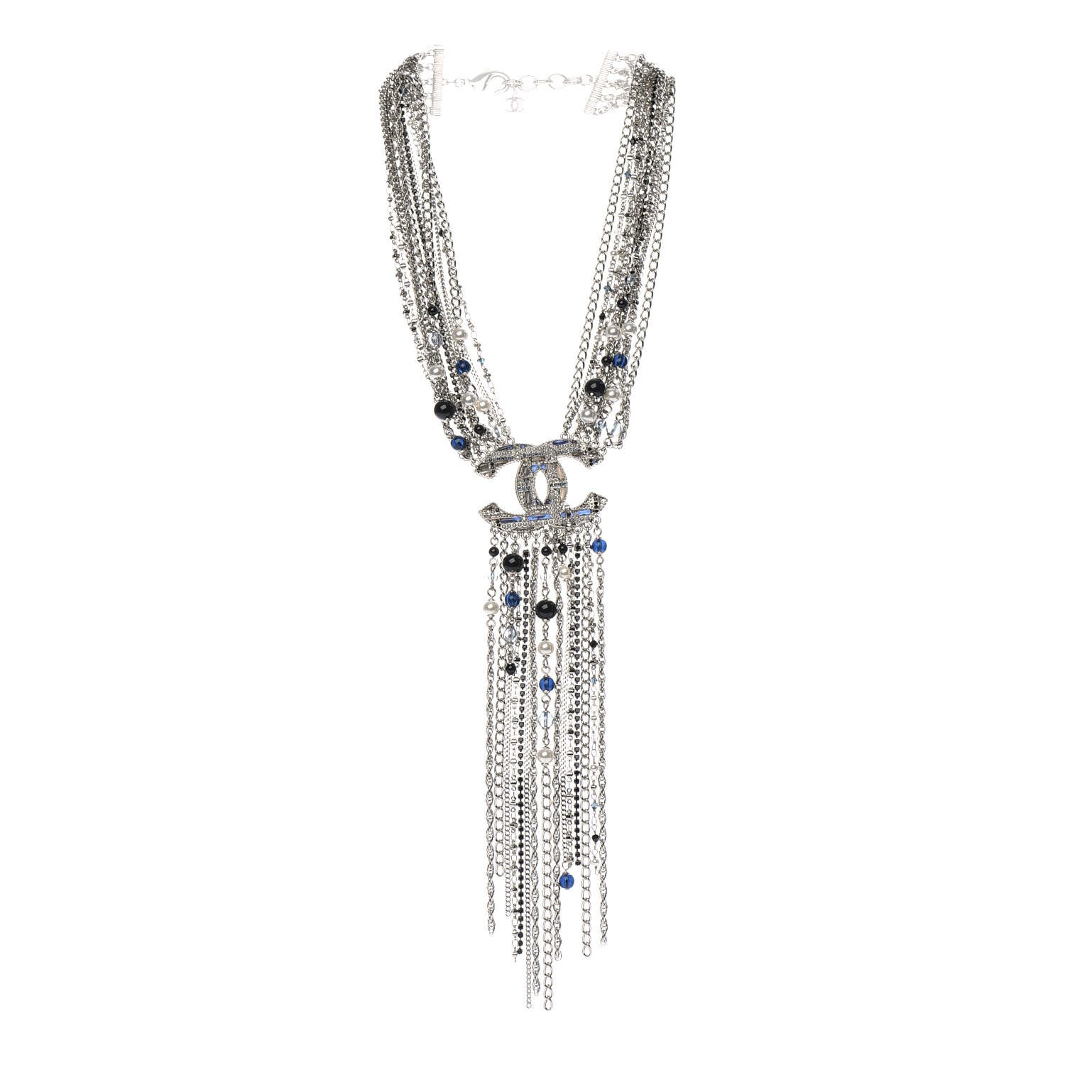 Chanel Beaded Multi Strand CC Necklace Silver Blue 4 of 5