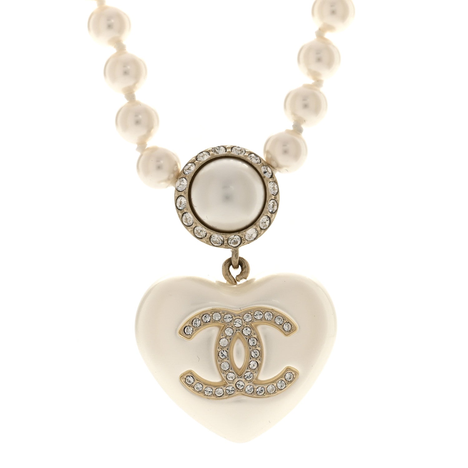Chanel Pearl Crystal CC Heart Short Necklace Pearly White Gold 4 of 6