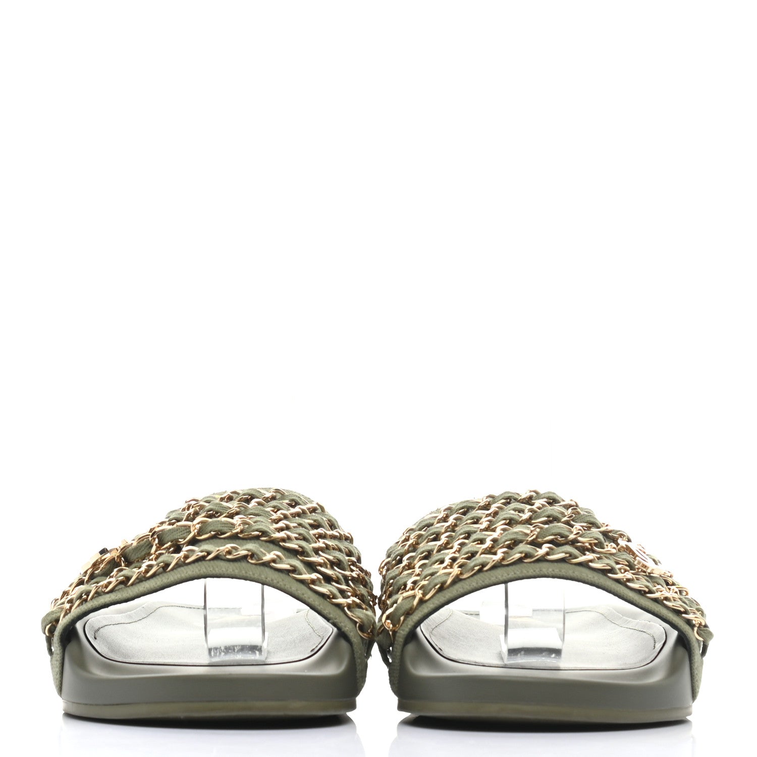 Chanel Canvas Chain Flat Sandals 39 Khaki 3 of 9