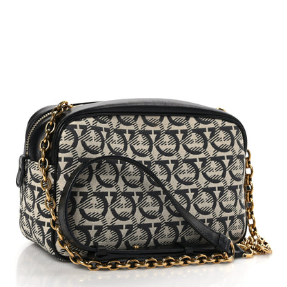 Salvatore Ferragamo Canvas Calfskin Gancini Camera Bag Black Beige 3 of 8