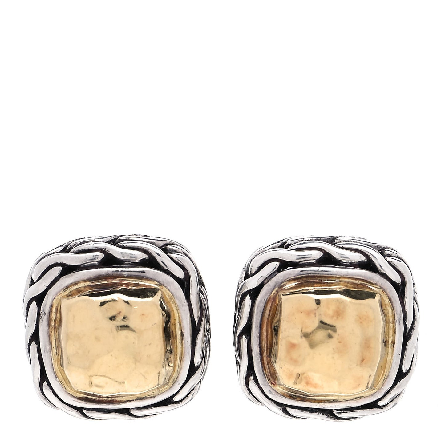 Sterling Silver 22K Yellow Gold Classic Chain Square Hammered Stud Earrings