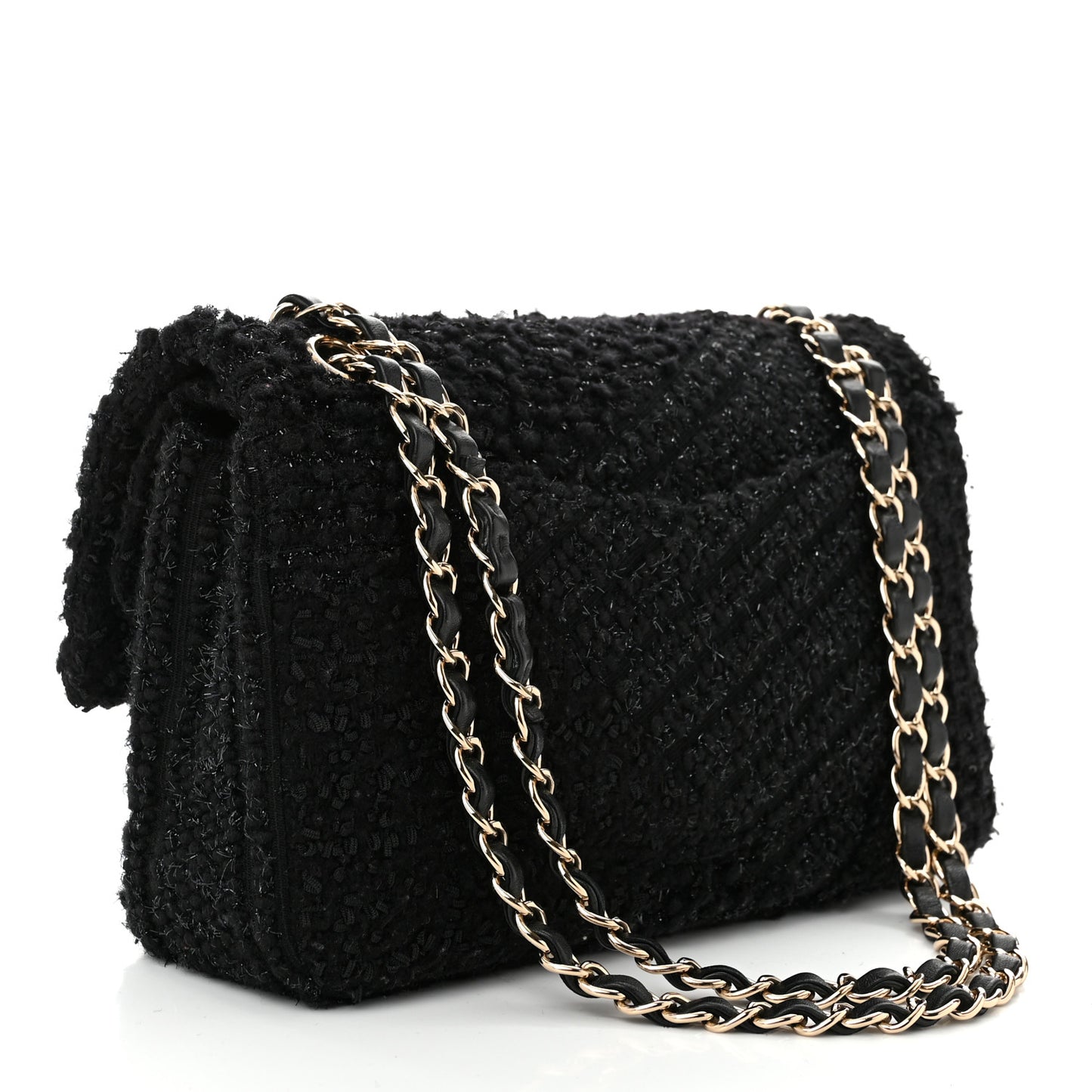 Tweed Sequin Patchwork Medium Double Flap Black