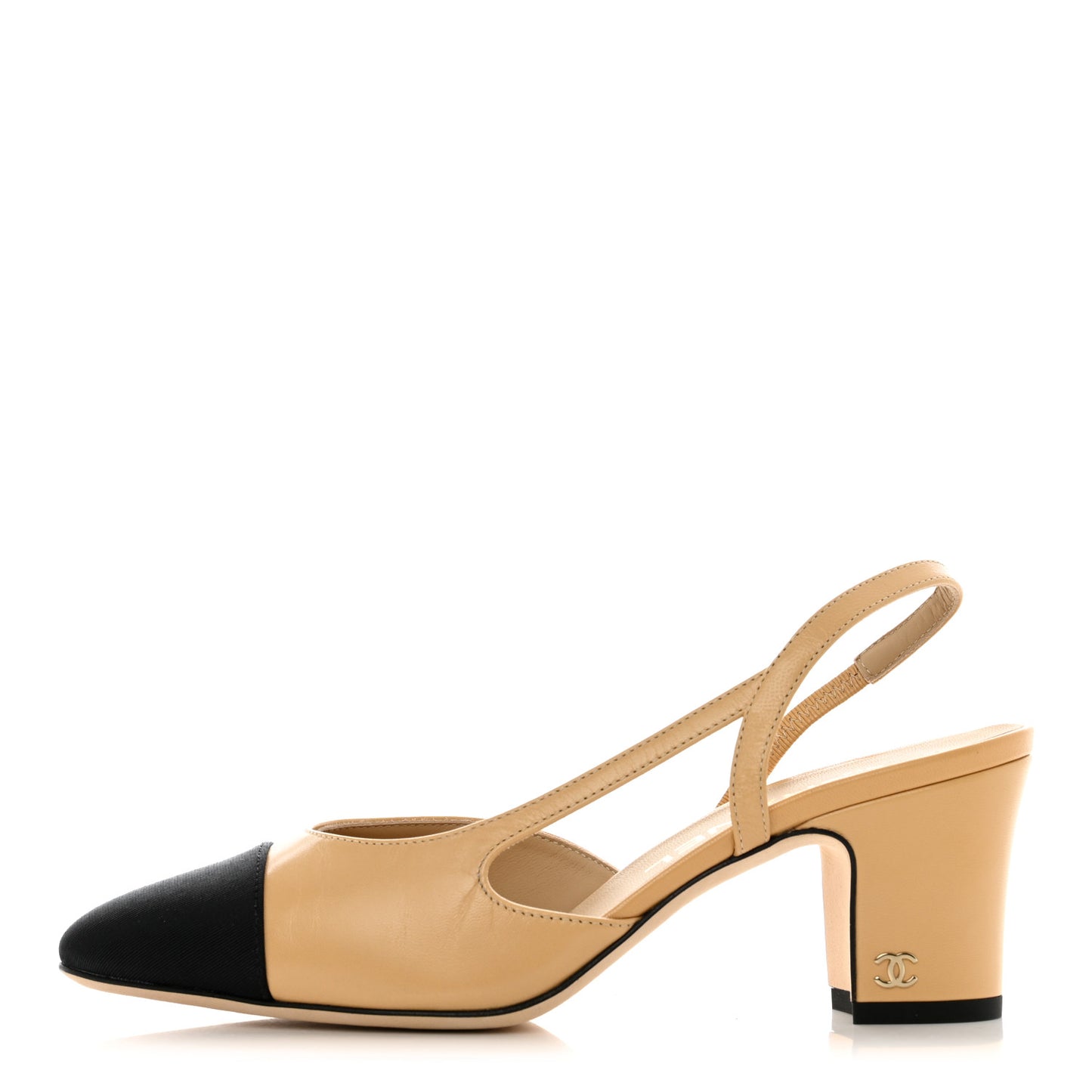 Lambskin Grosgrain Cap Toe CC Slingback Pumps 36.5 Beige Black