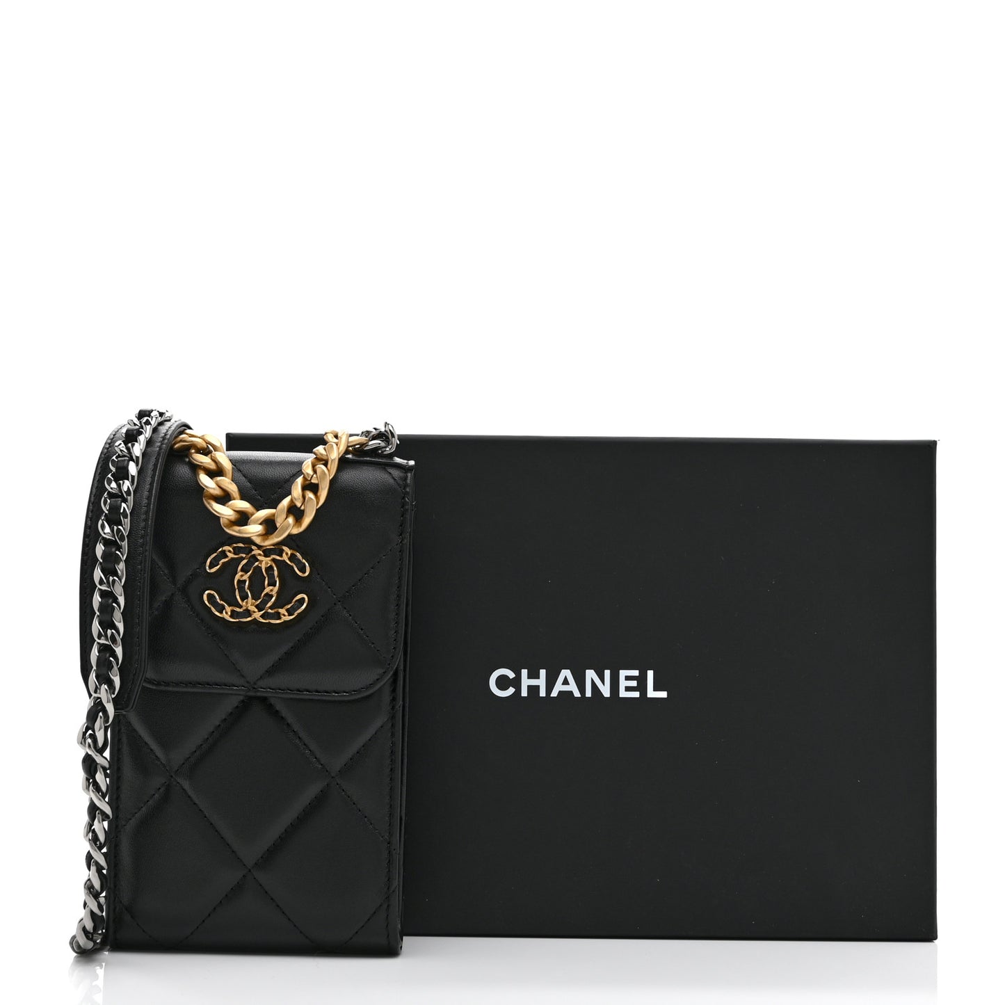 Lambskin Quilted Chanel 19 Phone Holder With Chain Black