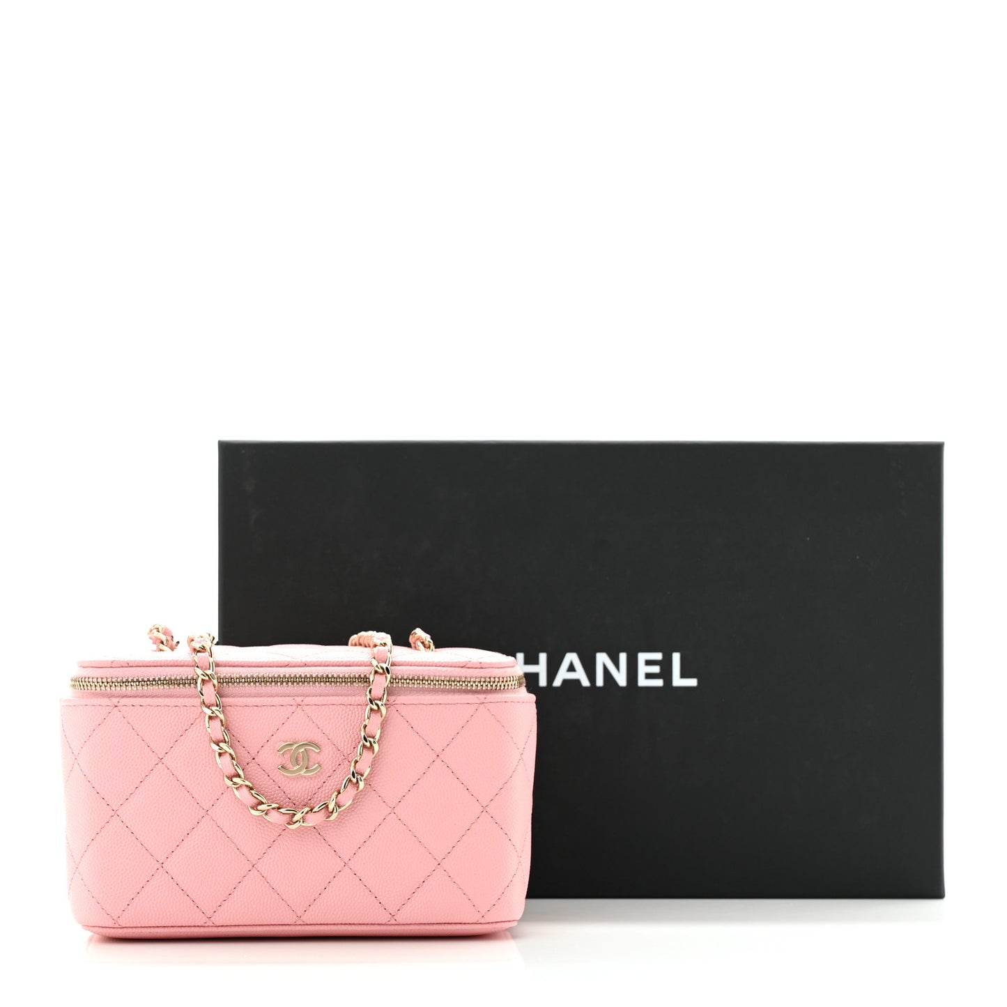 Caviar Quilted Small Vanity Case With Chain Pink