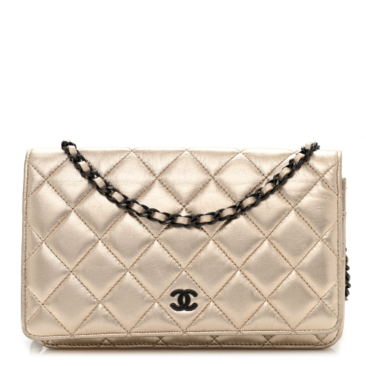 Chanel Metallic Lambskin Quilted Wallet On Chain WOC Gold Black 1 of 13