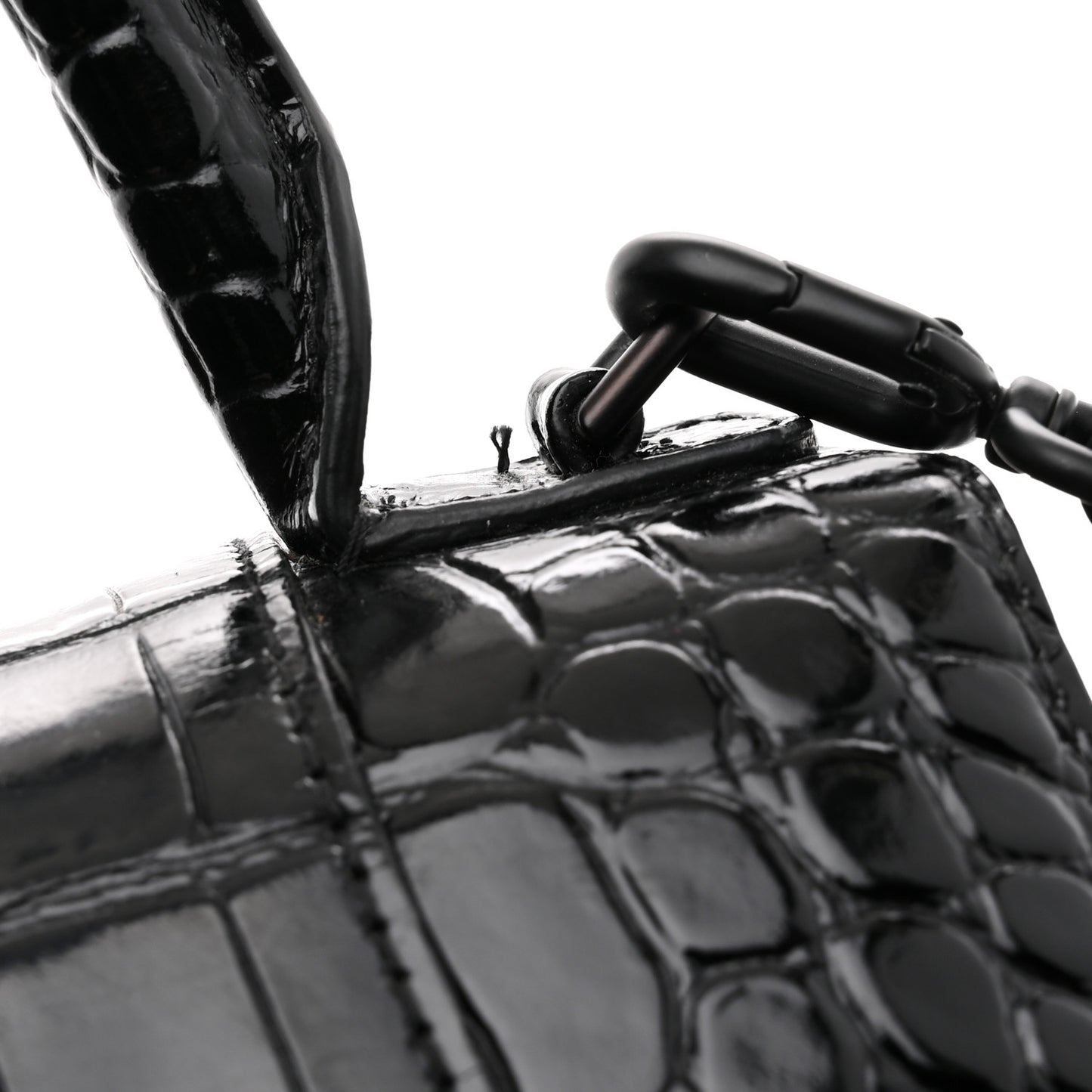 Shiny Calfskin Monochrome Crocodile Embossed Small Hourglass Top Handle Bag Black
