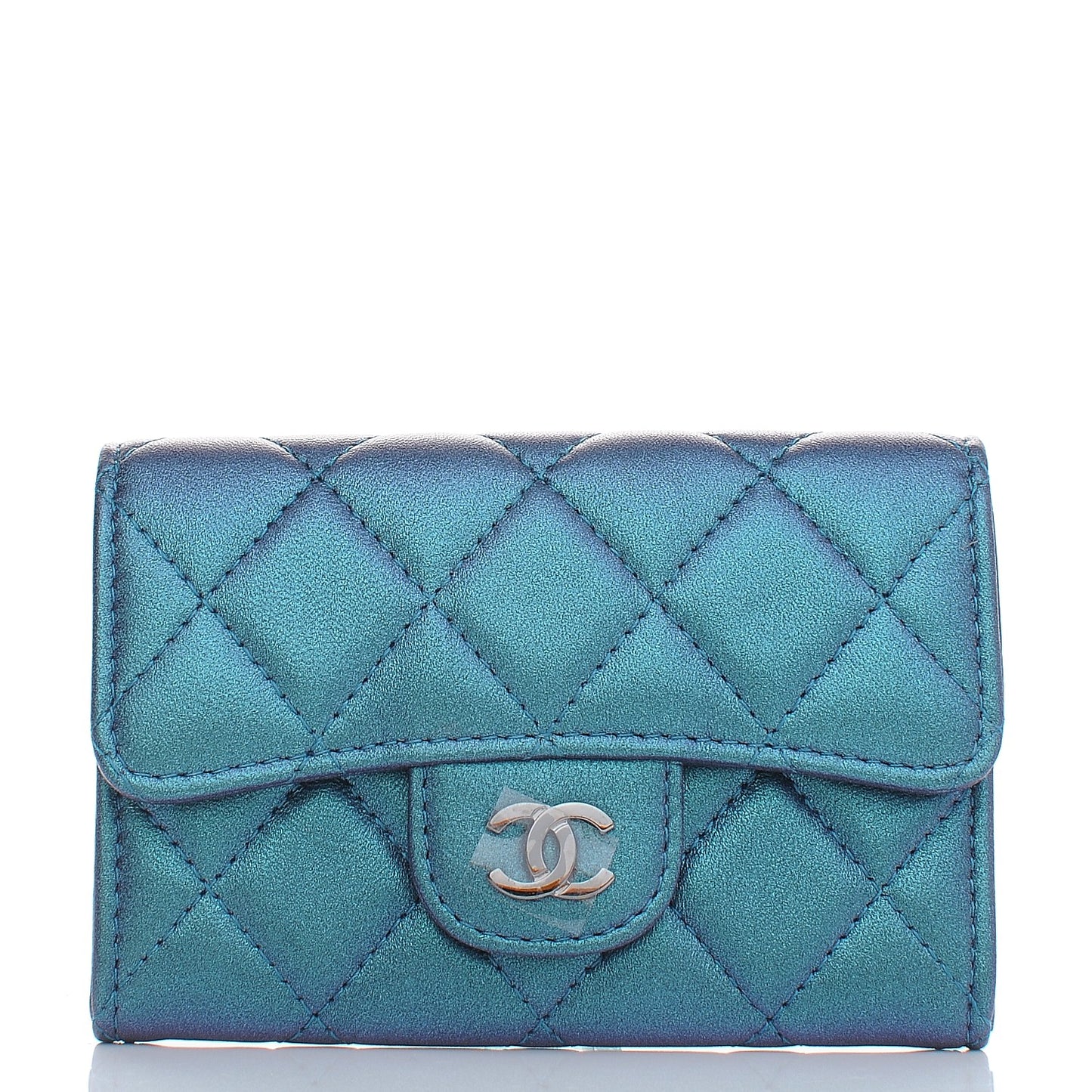 Metallic Lambskin Quilted Flap Card Holder Turquoise