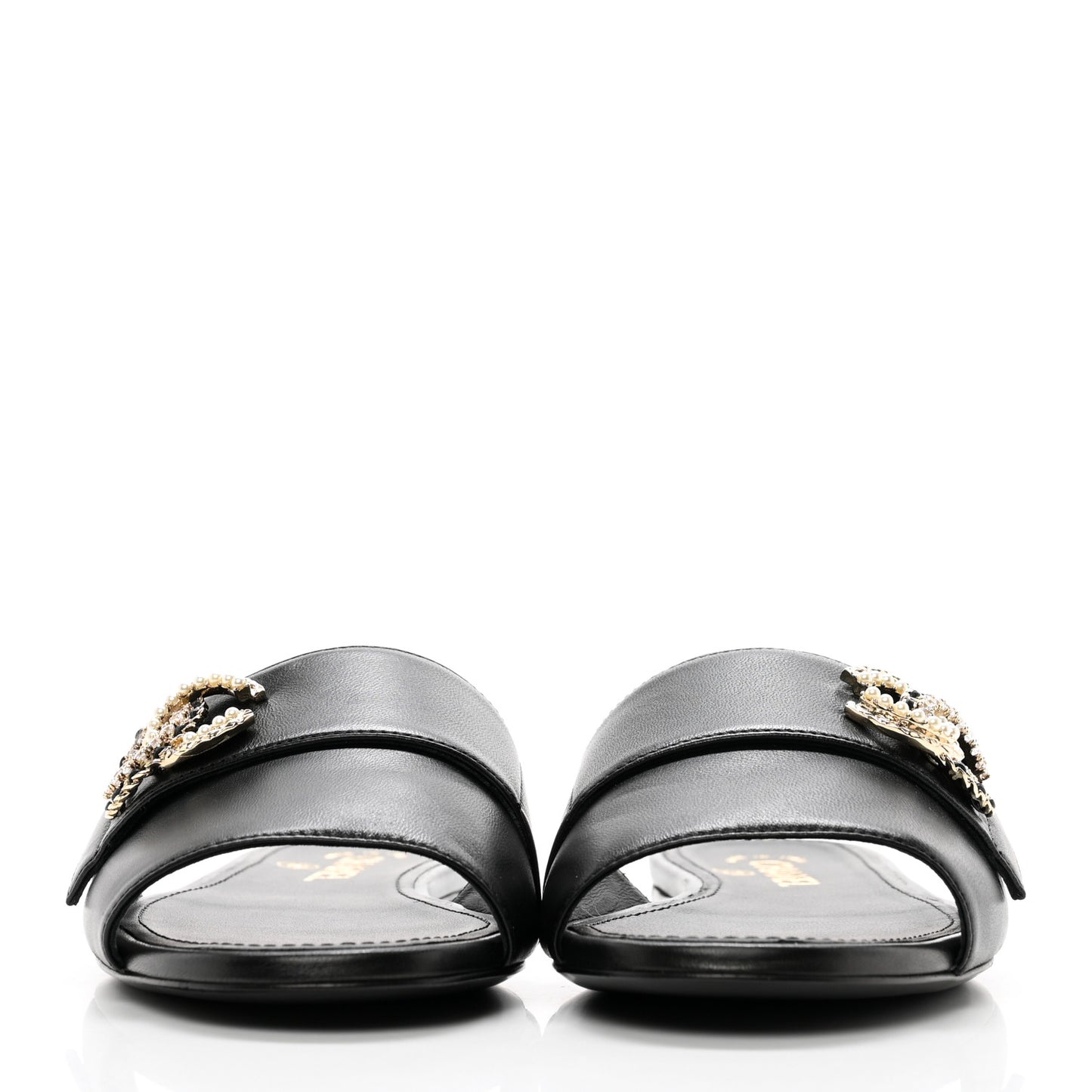 Lambskin Pearl Crystal CC Mules Sandals 37 Black