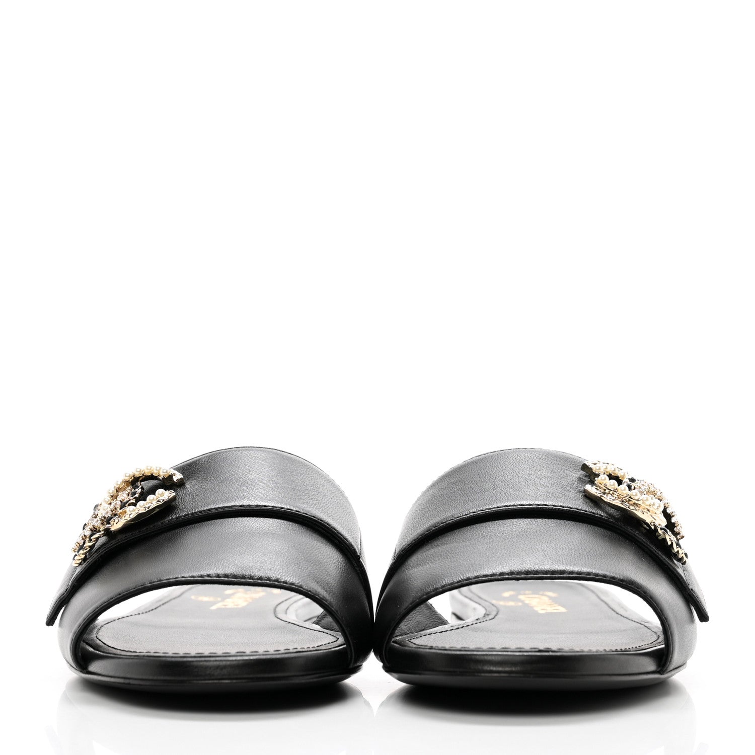 Chanel Lambskin Pearl Crystal CC Mules Sandals 37 Black 2 of 11
