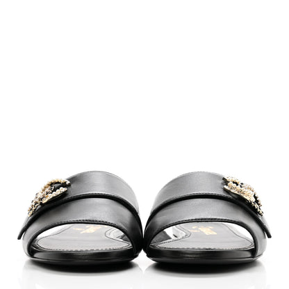 Chanel Lambskin Pearl Crystal CC Mules Sandals 37 Black 2 of 11