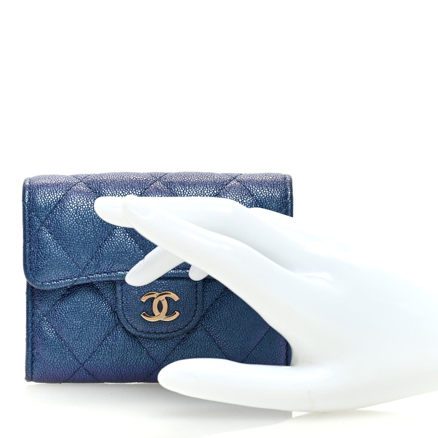 Iridescent Caviar Flap Quilted Card Holder Wallet Dark Blue