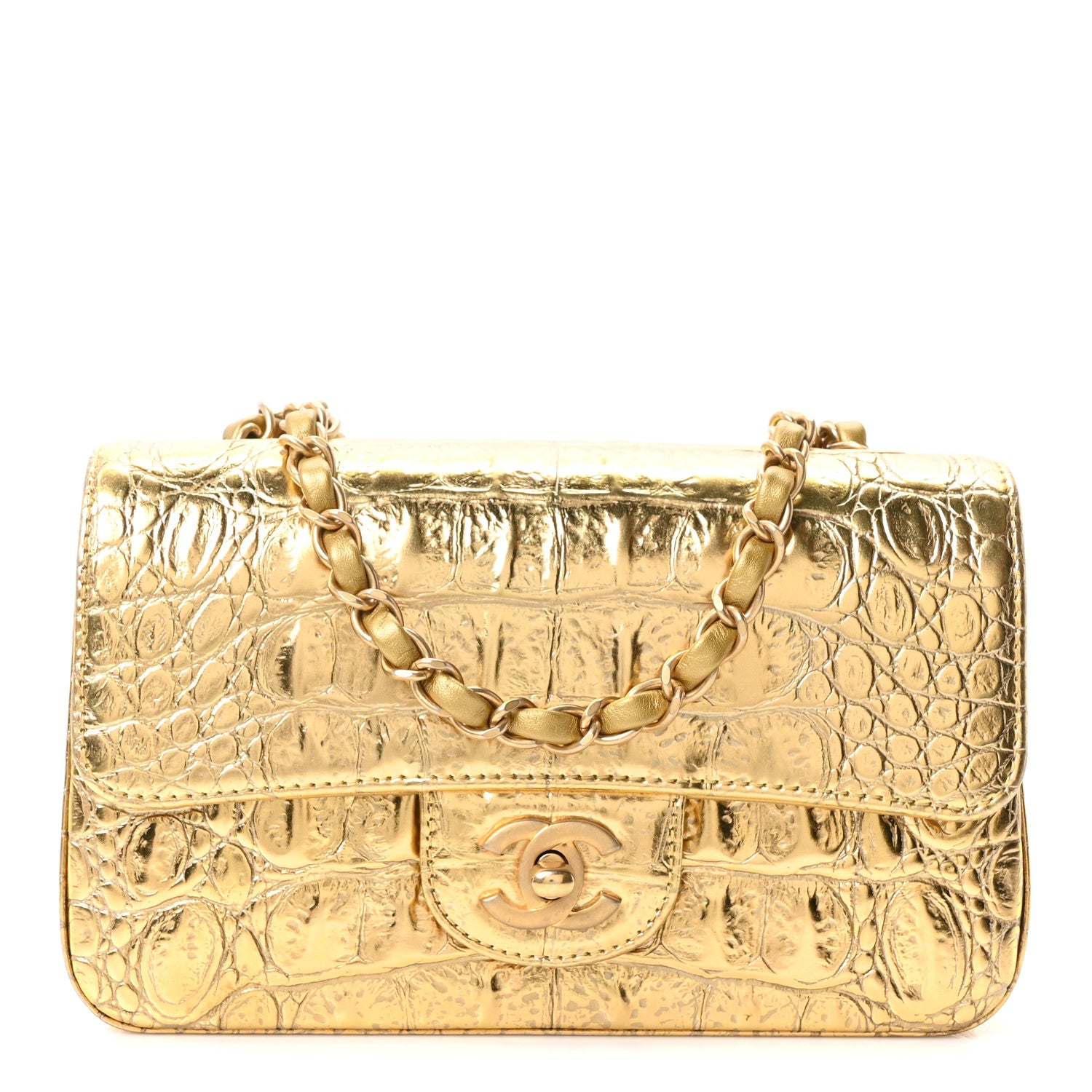 Chanel Metallic Calfskin Crocodile Embossed Cocodile Rectangular Mini Flap Gold 1 of 11
