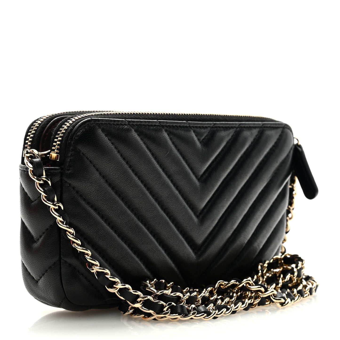 Lambskin Chevron Quilted Small Clutch With Chain Black