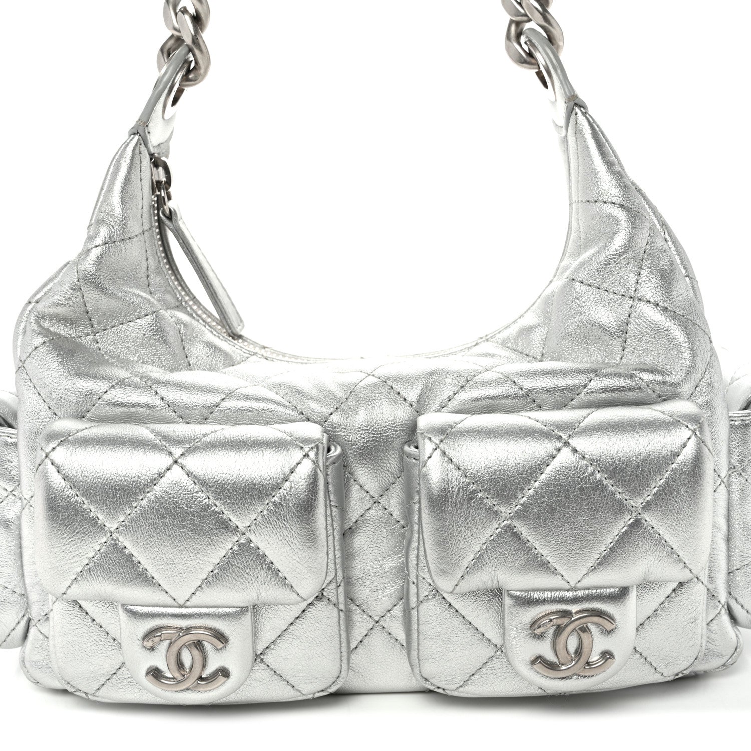Chanel Metallic Lambskin Quilted Trendy Pockets Hobo Silver