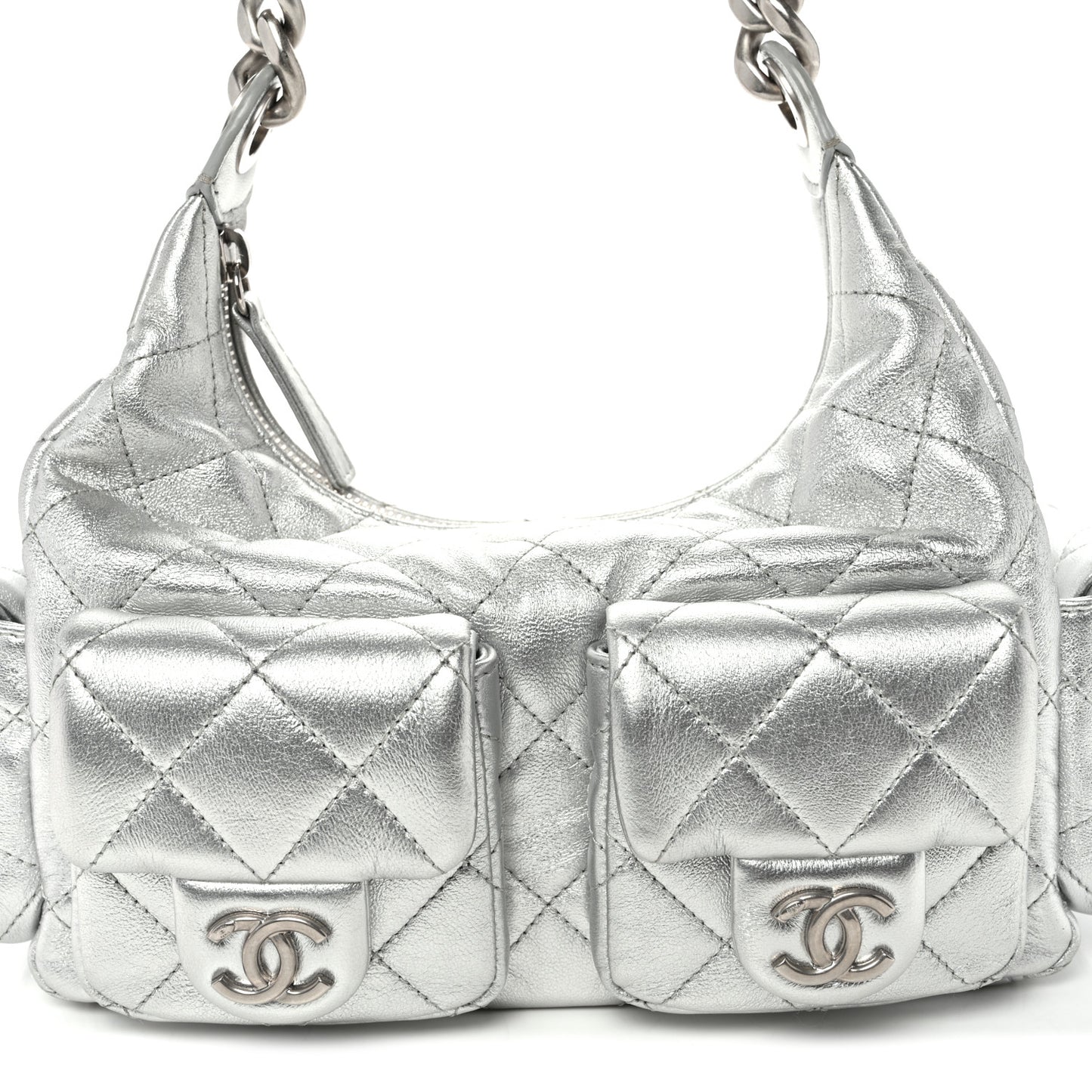 Metallic Lambskin Quilted Trendy Pockets Hobo Silver
