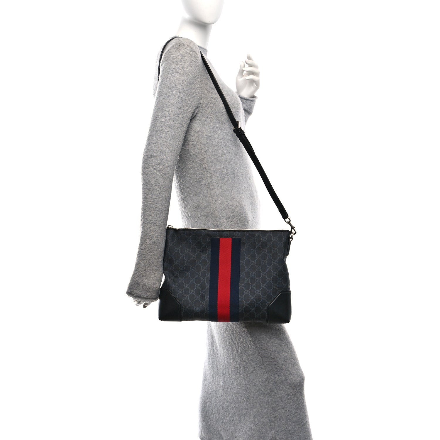 Gucci Soft GG Supreme Monogram Appia Calfskin Web East West Messenger Bag Black Grey 2 of 11