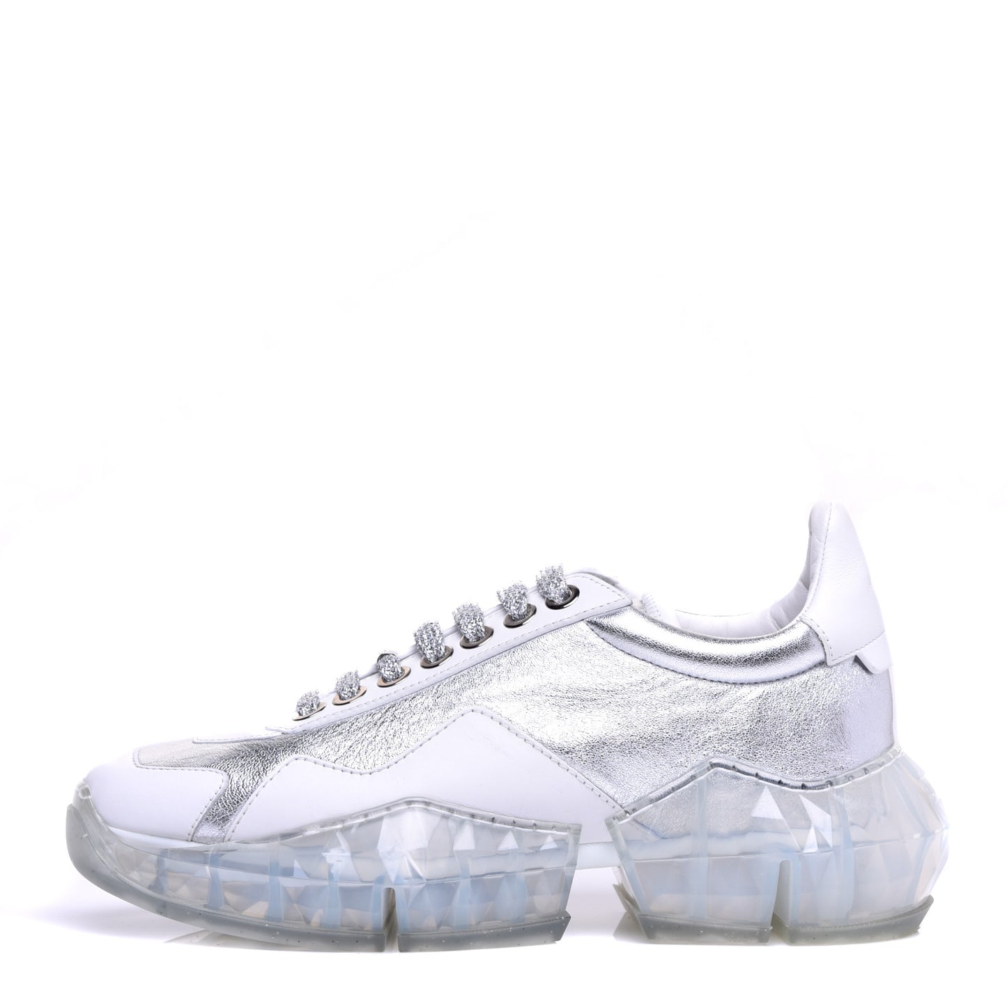 Metallic Calfskin Womens Diamond F Low Top Sneaker 38 White Silver