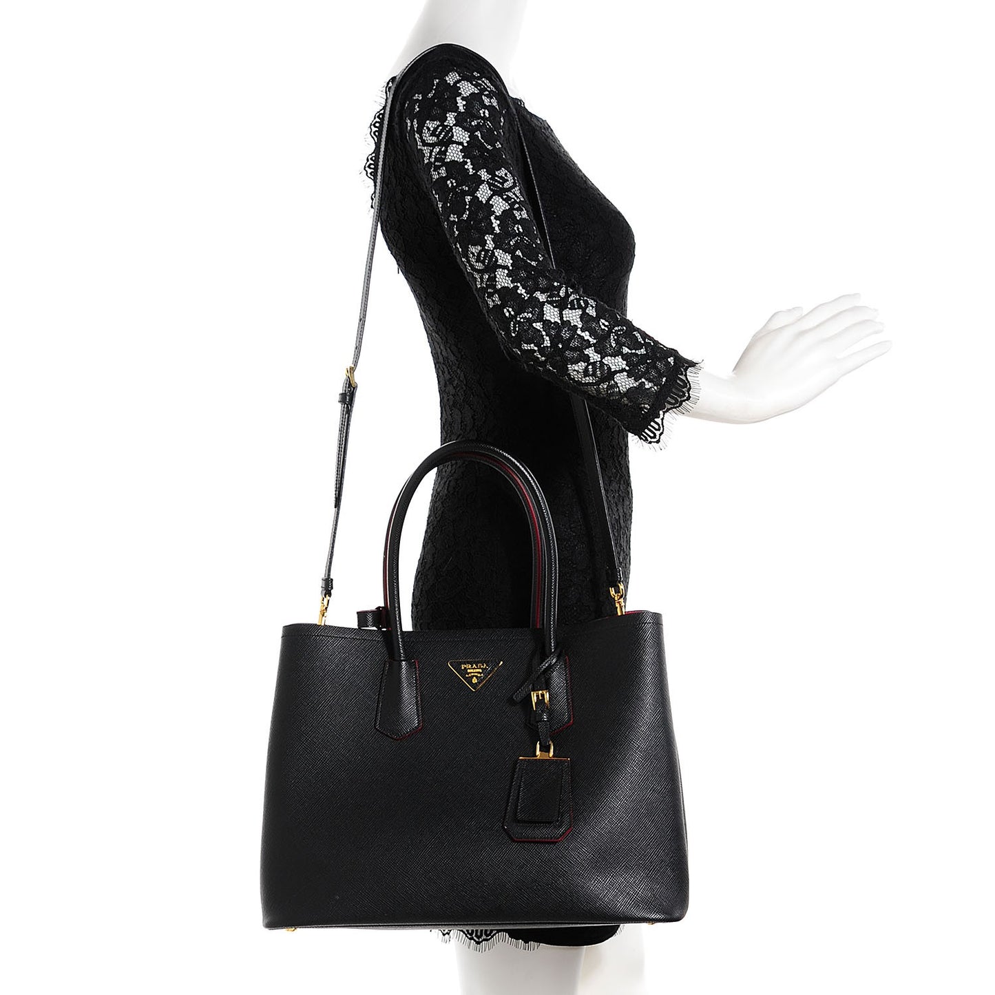 Saffiano Cuir Large Double Bag Nero Black Ciliegia