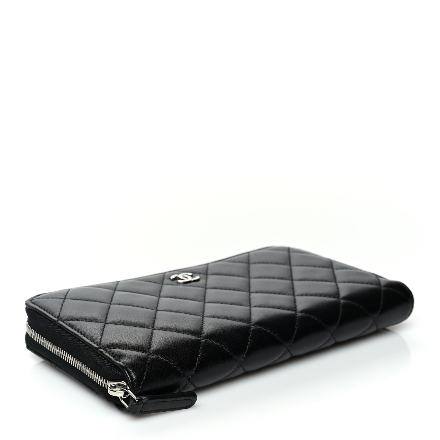 Lambskin Quilted Large Gusset Zip Around Wallet Black