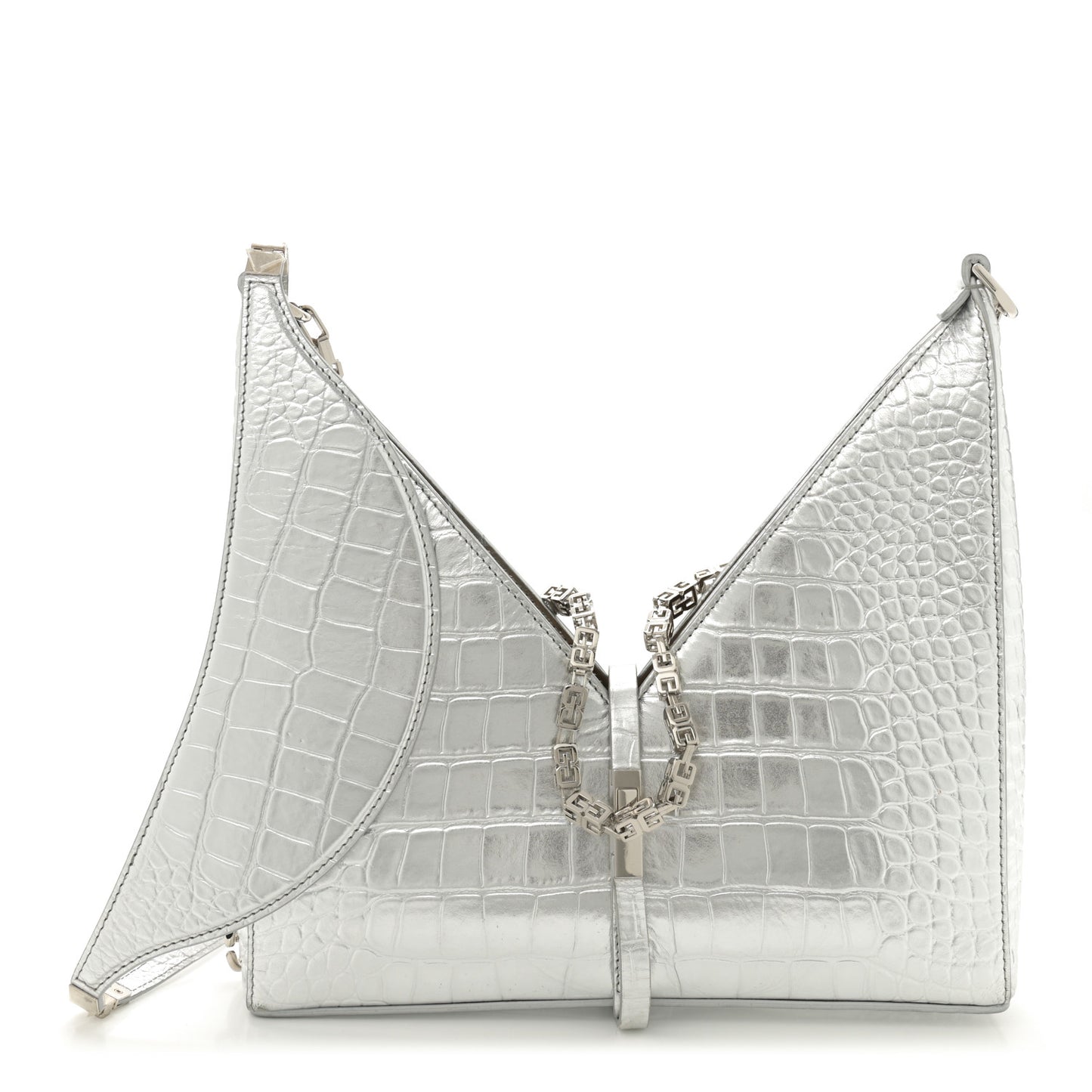 Metallic Calfskin Croc Embossed Small Cut Out Shoulder Bag Silver