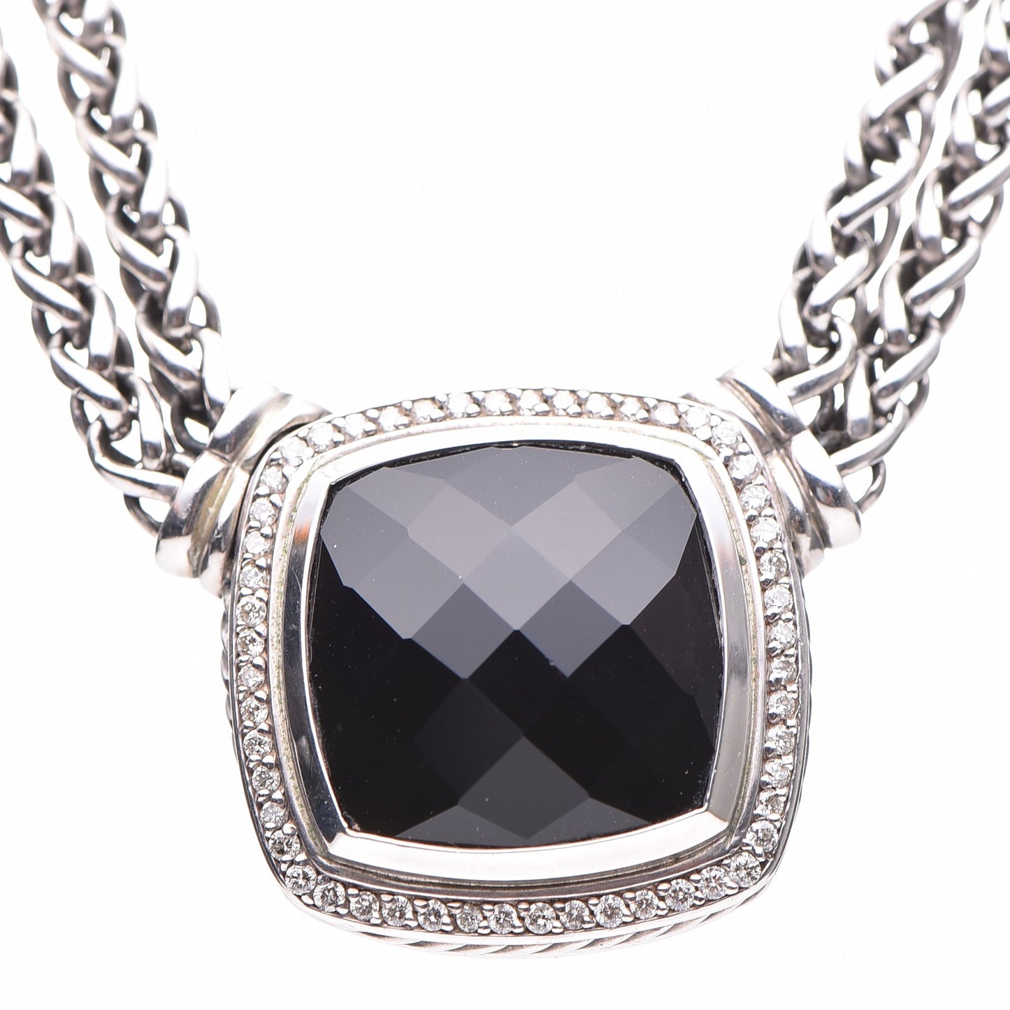 Sterling Silver Diamond Black Onyx 19mm Albion Double Wheat Chain Necklace