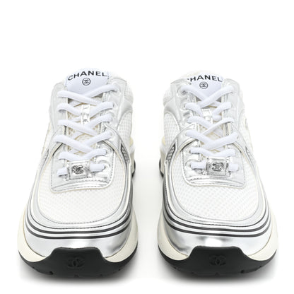 Chanel Fabric Laminated Calfskin Stretch CC Womens Sneakers 38 White Silver 2 of 10